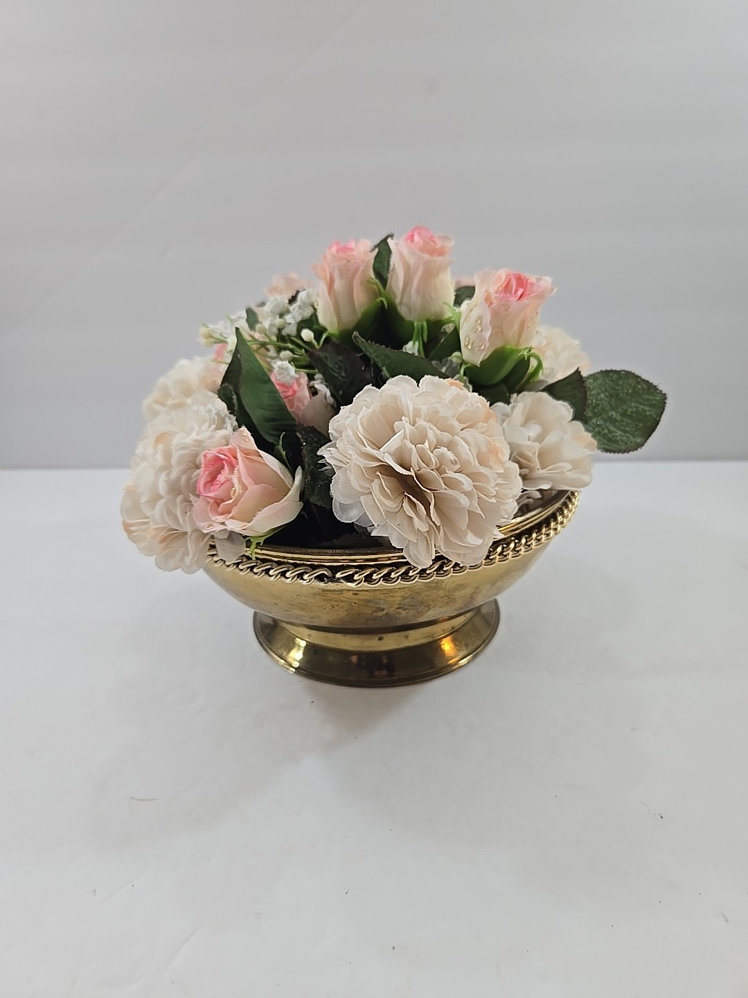 Vintage Silk Floral Arrangement in Footed Brass Planter Pot England 7″