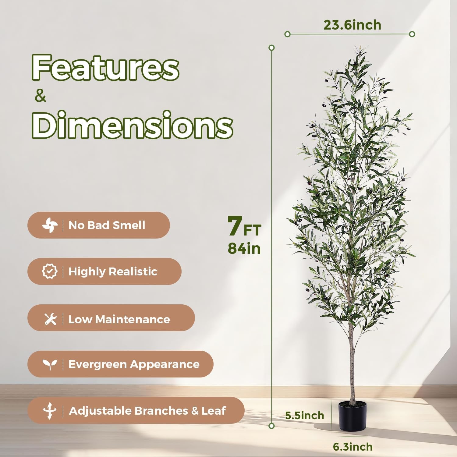 Olive Tree, 7FT Artificial Indoor Tall Faux Olive Trees w/Planter & Natural Wood
