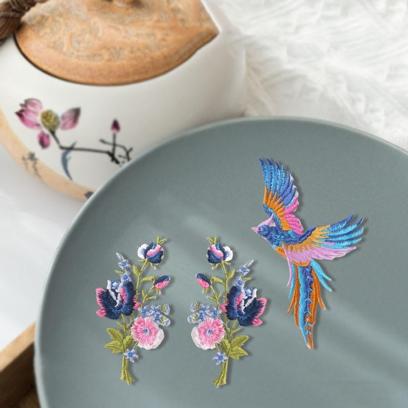 2Pair Durable Vivid Design Flower Phoenix Bird Water Soluble Embroidered Appliqu