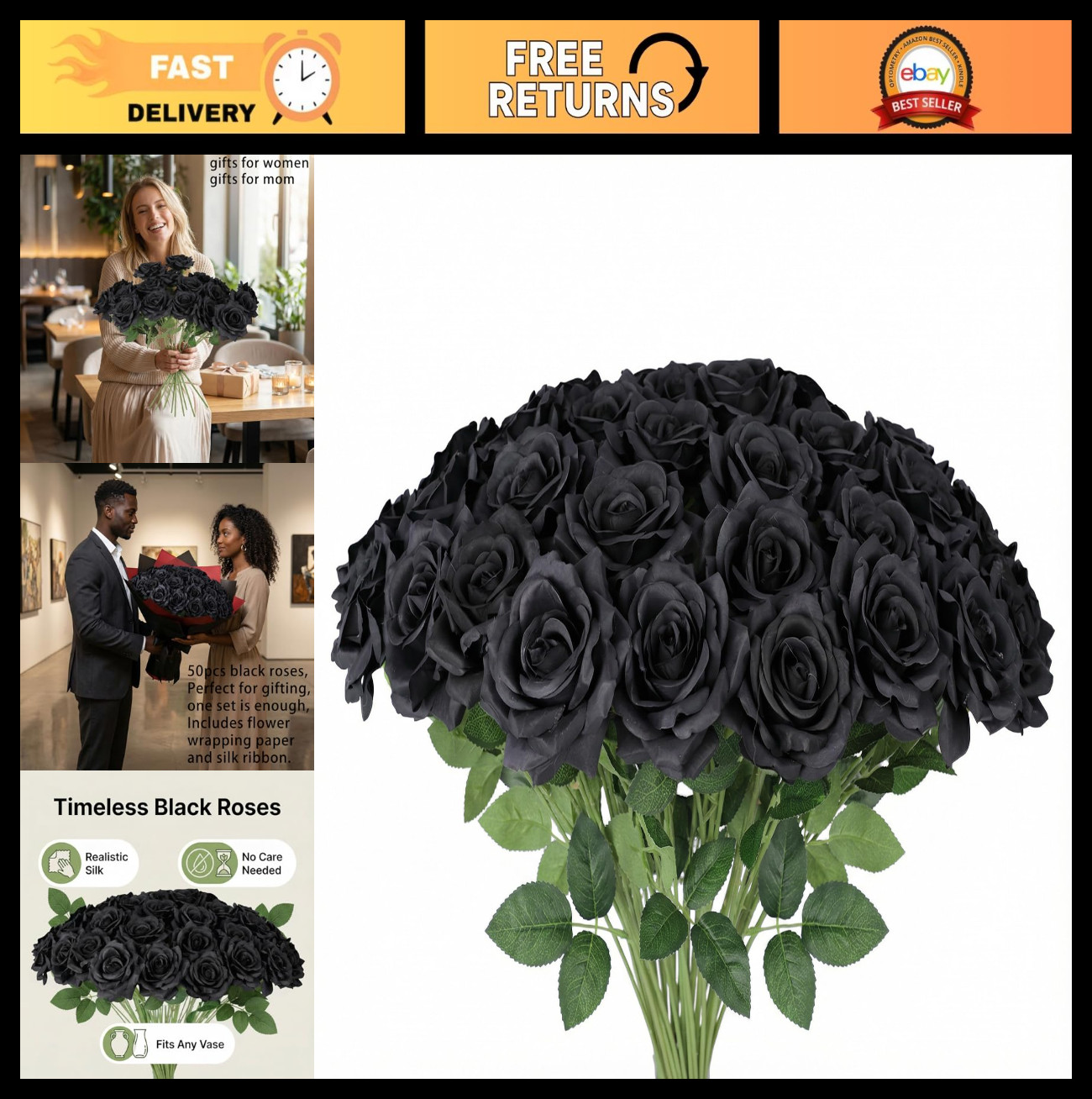Bulk Black Silk Roses – 4″ Artificial Faux Flowers with Stems for Wedding Decor,