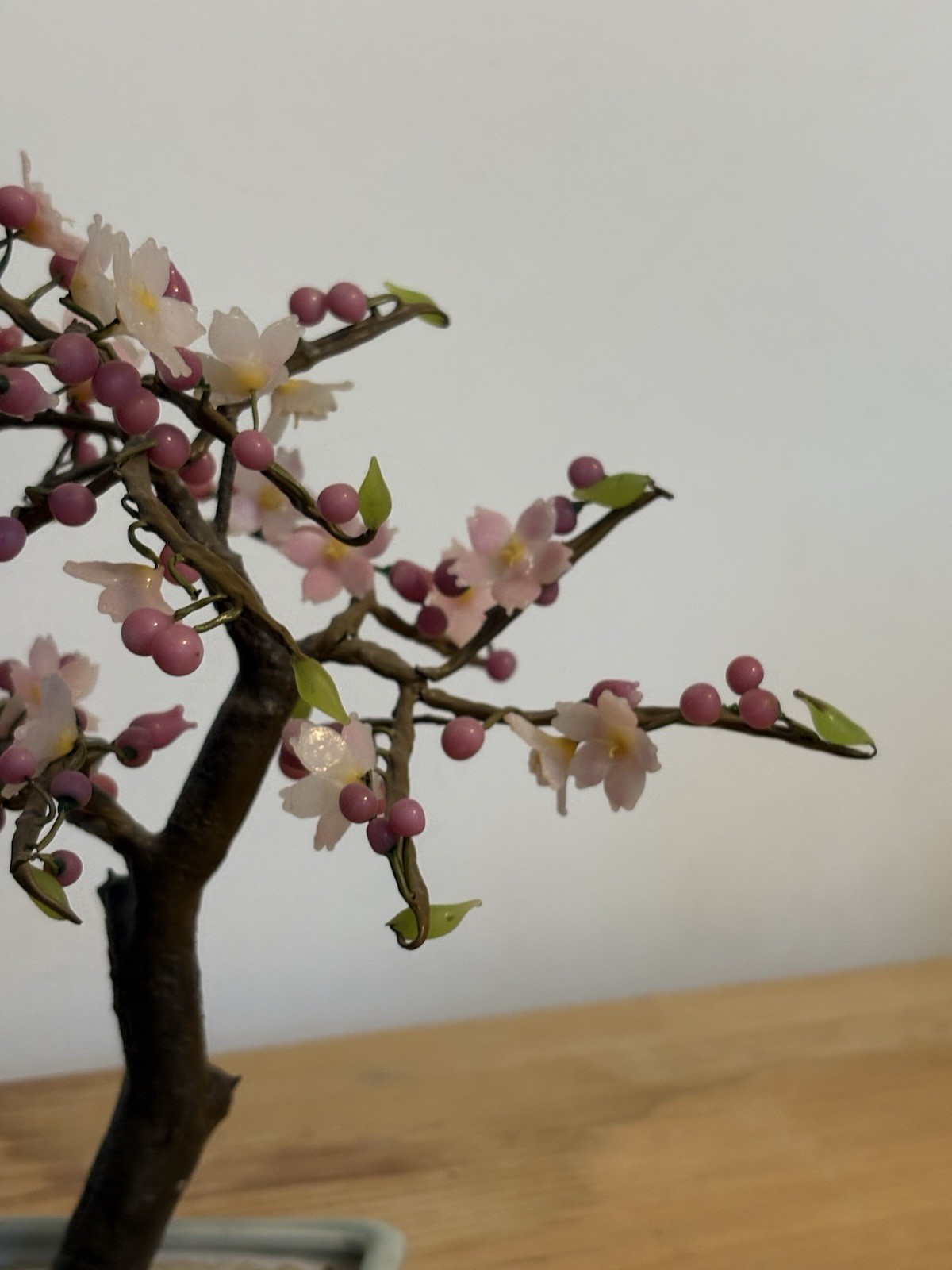 Vintage Cherry Blossom Bonsai Tree w/ Pink Blossoms & Berries Gray Planter