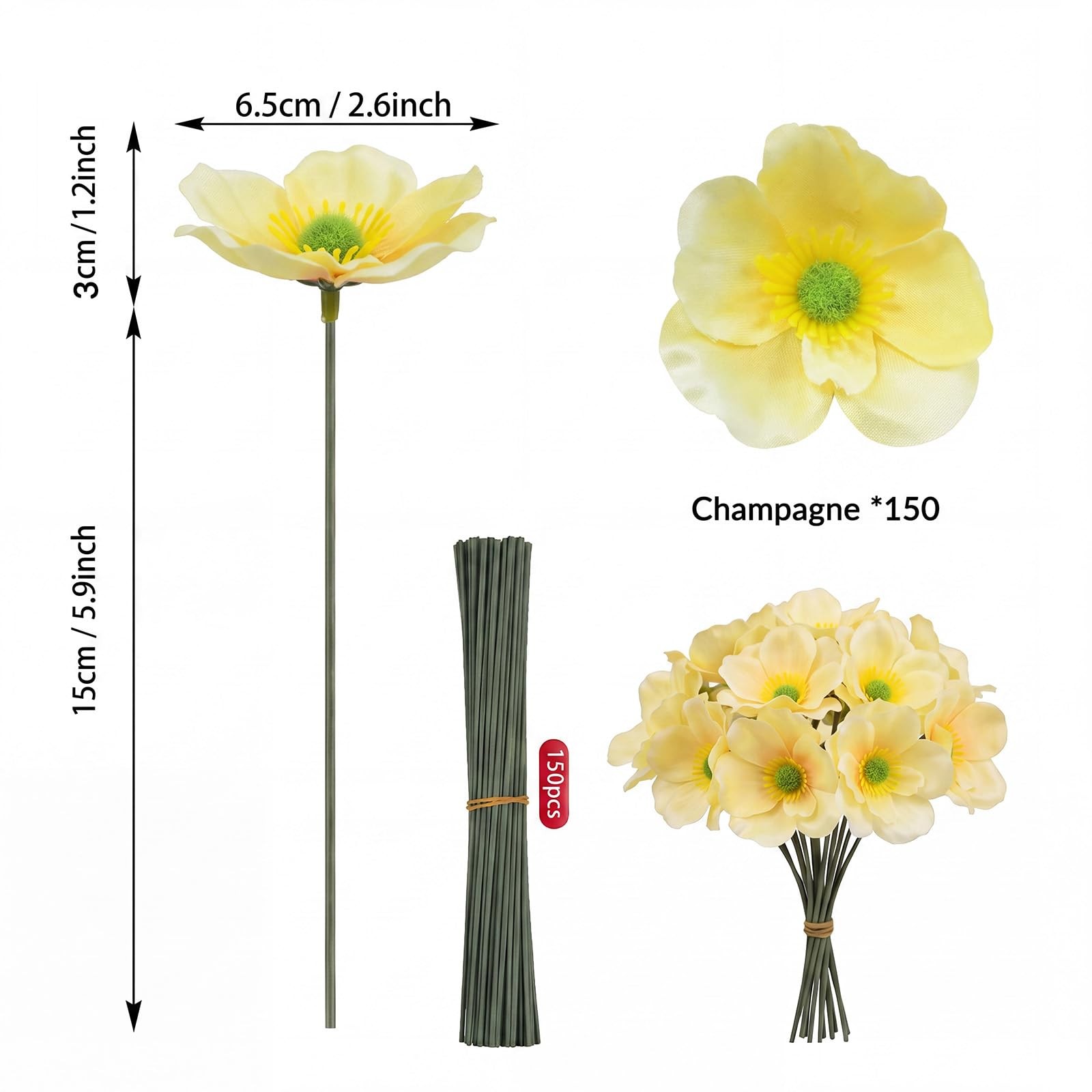 150Pcs Artificial Poppy Flowers, Solid Champagne Color, Faux Poppies for Memo…
