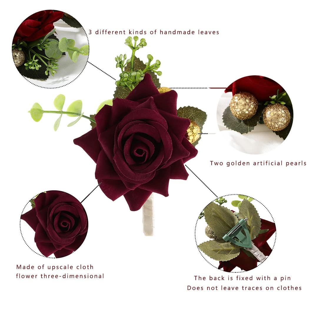 Wedding Flower Boutonniere Groom Rose Buttonholes Prom Suit Decor Red Wine