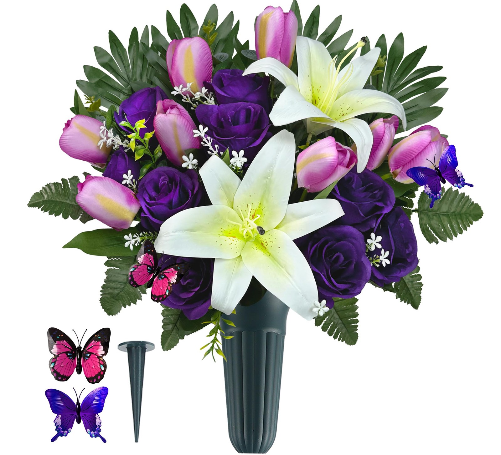 Cemetery Flowers with Vases for Grave Decor, Silk Lily Rose Tulip Headstone F…