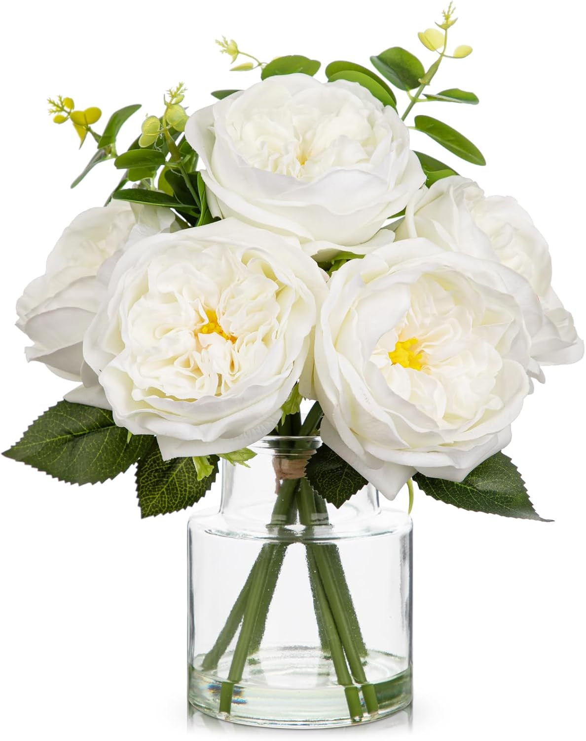 Elegant White Peonies & Roses in Glass Vase – Faux Flower Centerpiece Decor