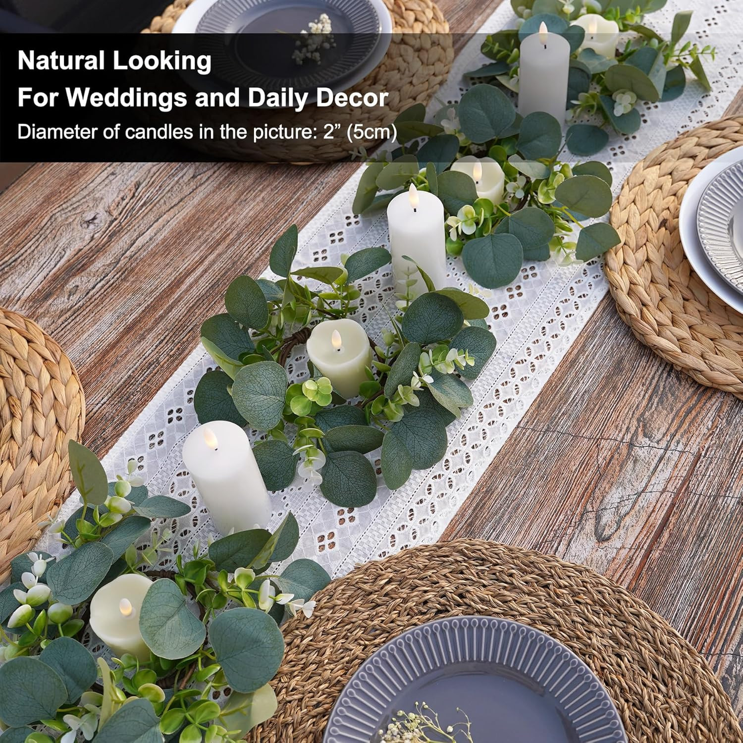 4pcs Artificial Eucalyptus Leaves Candle Rings, Wreaths of Pillar Candles for We