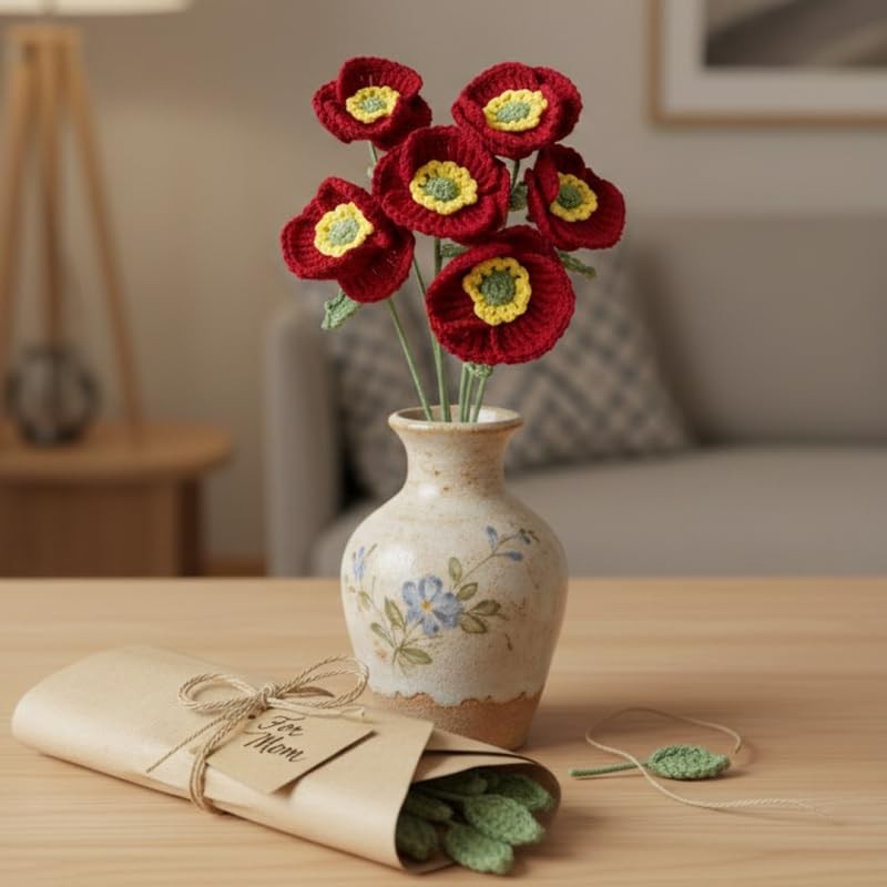 Poppies Flowers Artificial 6 Pieces,14.5in Fake Poppy Crochet Flower,Knitted …