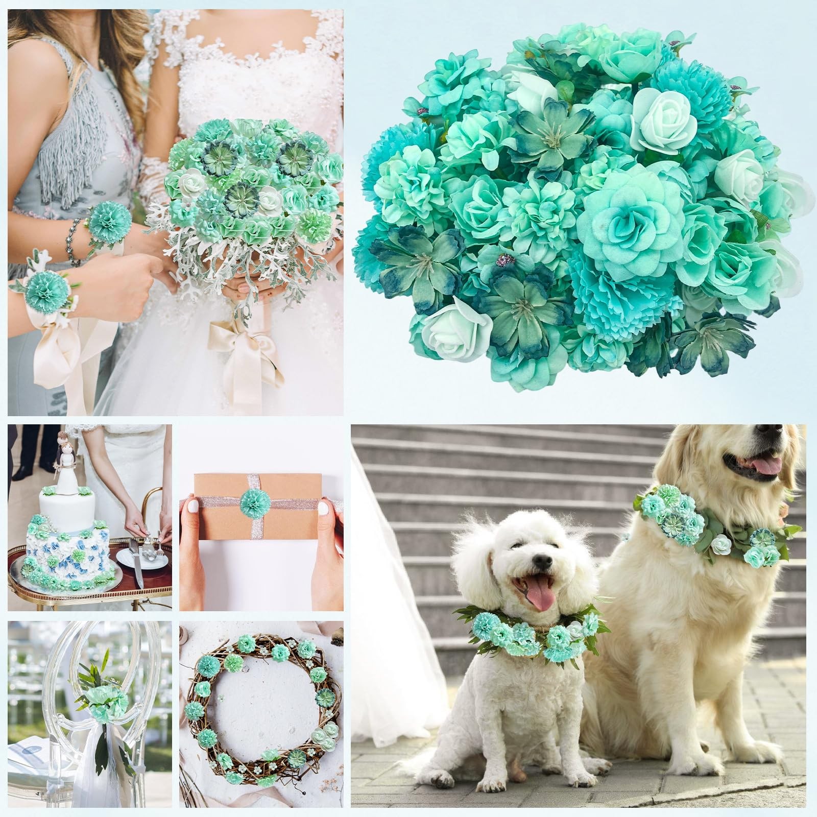 Mini Artificial Flowers Heads Mint Green Silk Peony Daisy Rose Mix 70 PCS Set