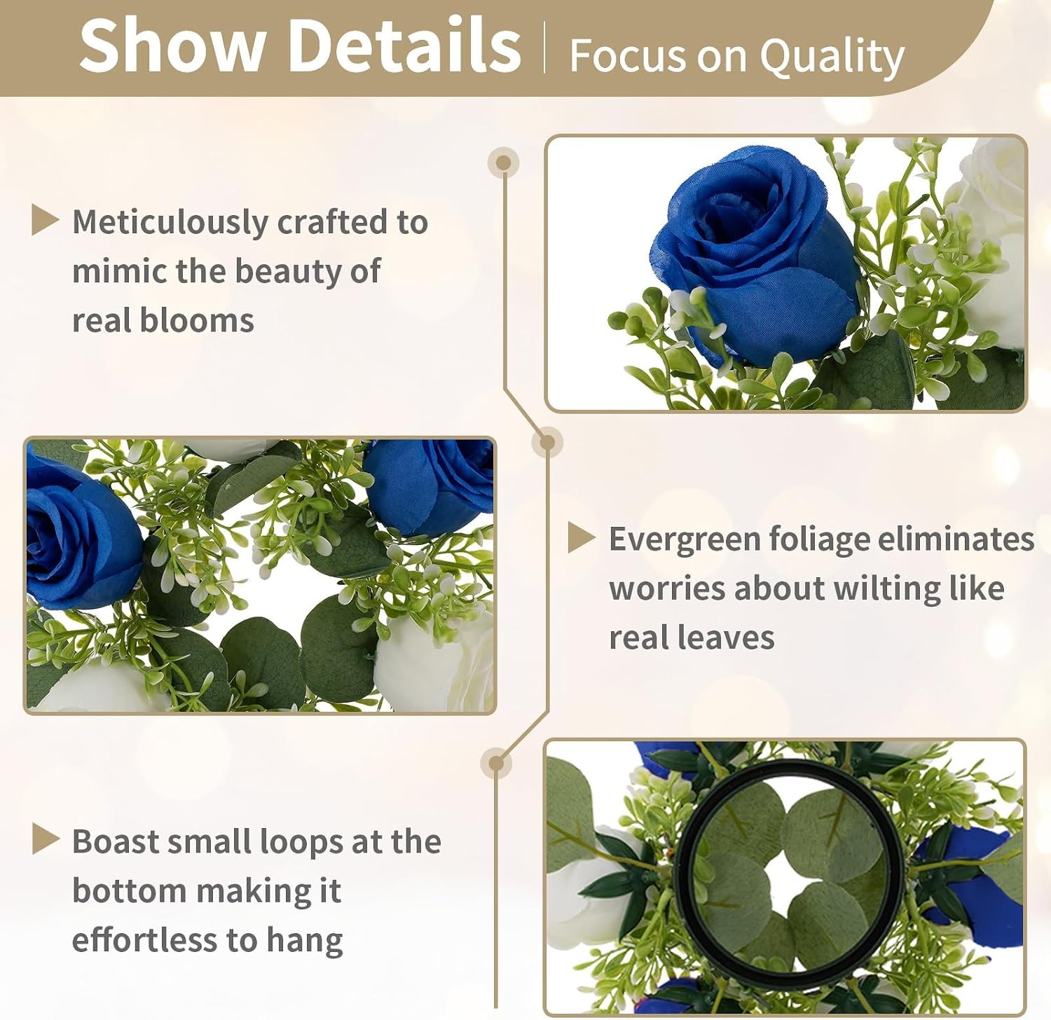 Small Wreath Table Centerpieces 9.05 Inch Royal Blue & White Flower Candle Rings