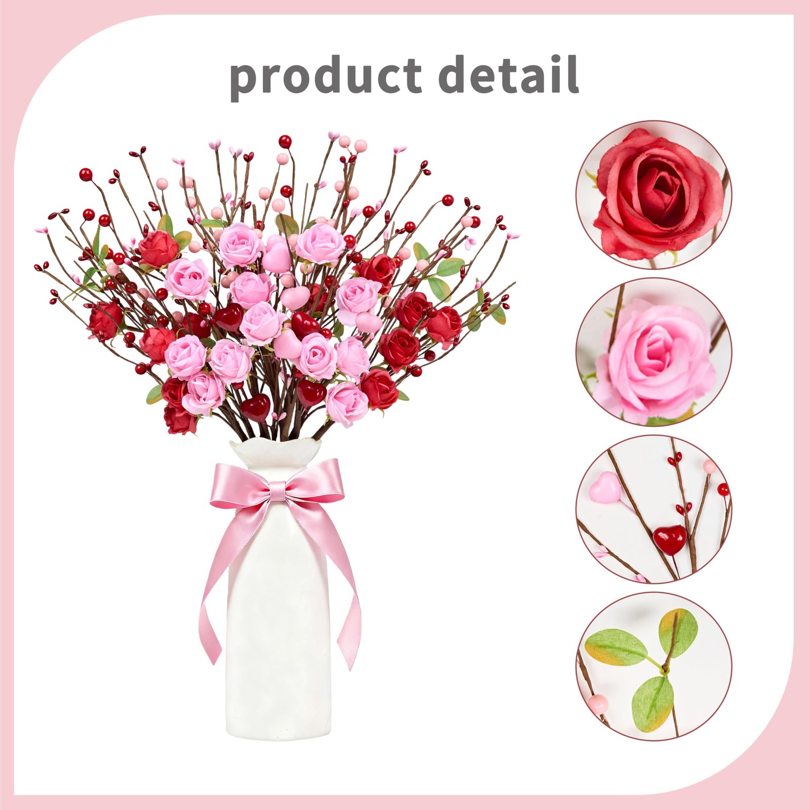 12 PCS Valentine Artificial Flowers 17 Inch Picks Red Roses Pink Heart Berries