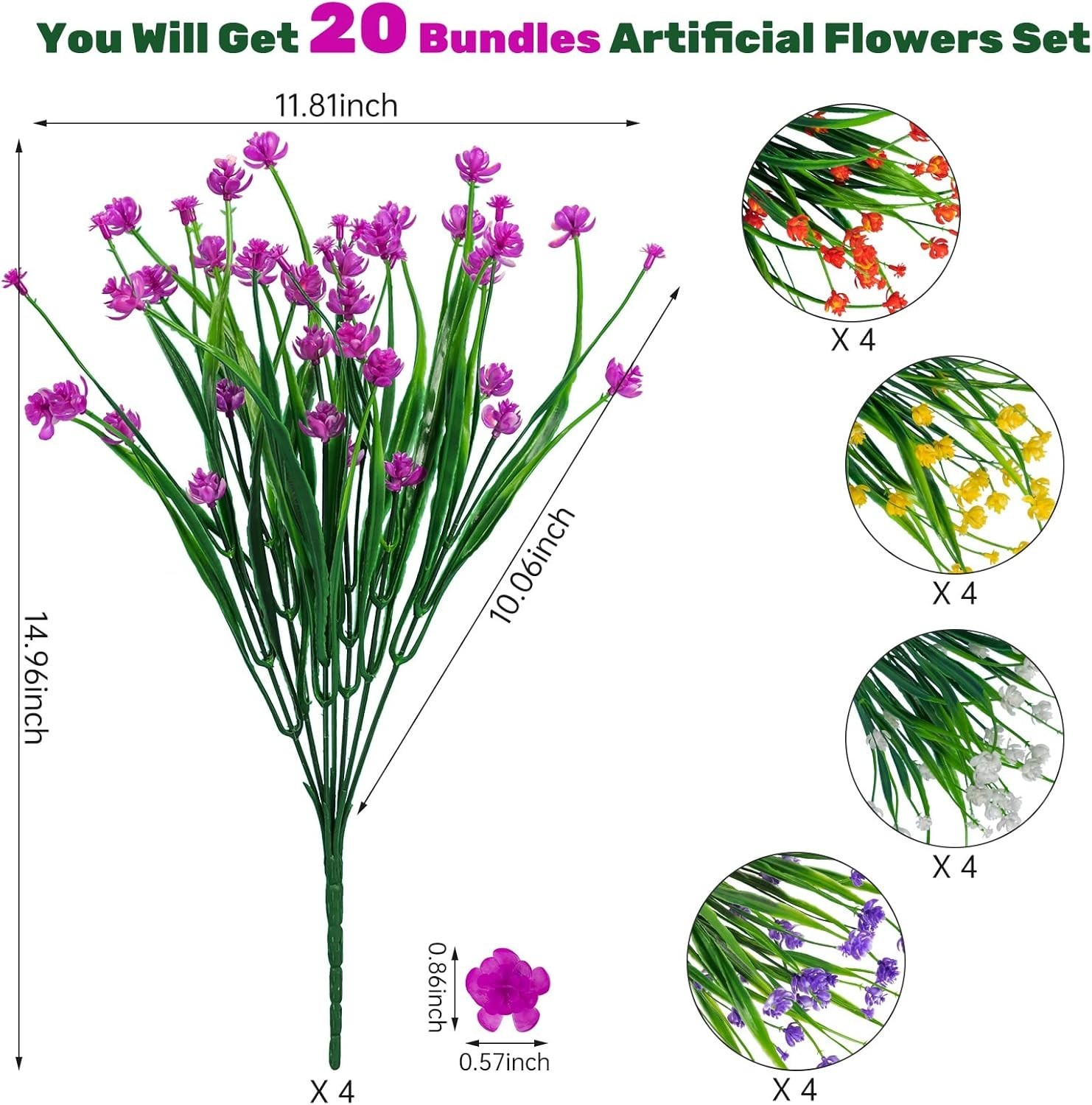 20pcs Artificial Fake Flowers,Plastic Flowers for Outdoor Decoration, UV Resi…
