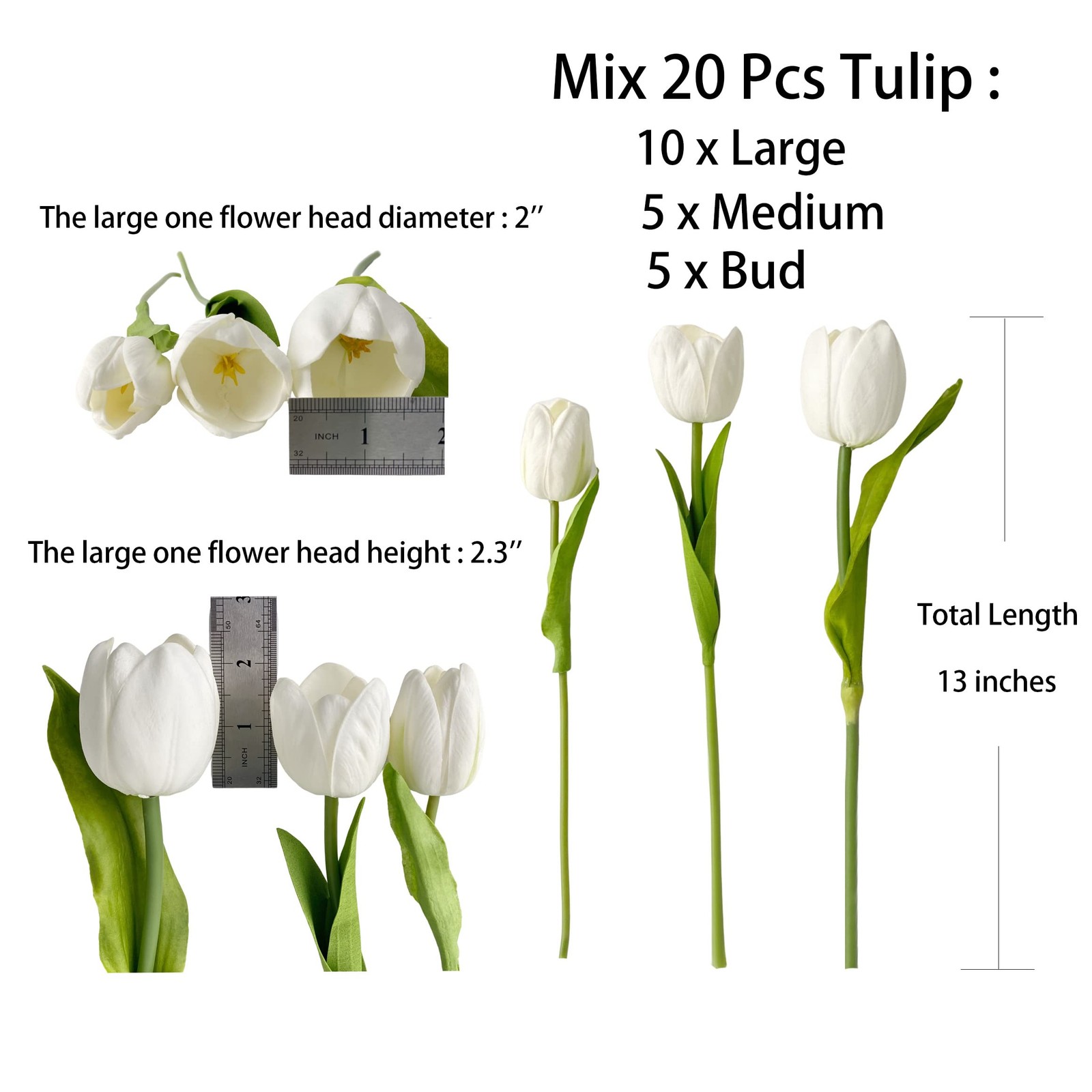 20 PCS Fake Tulips White Artificial Flowers Tulipanes 13 PU Real Touch with Faux