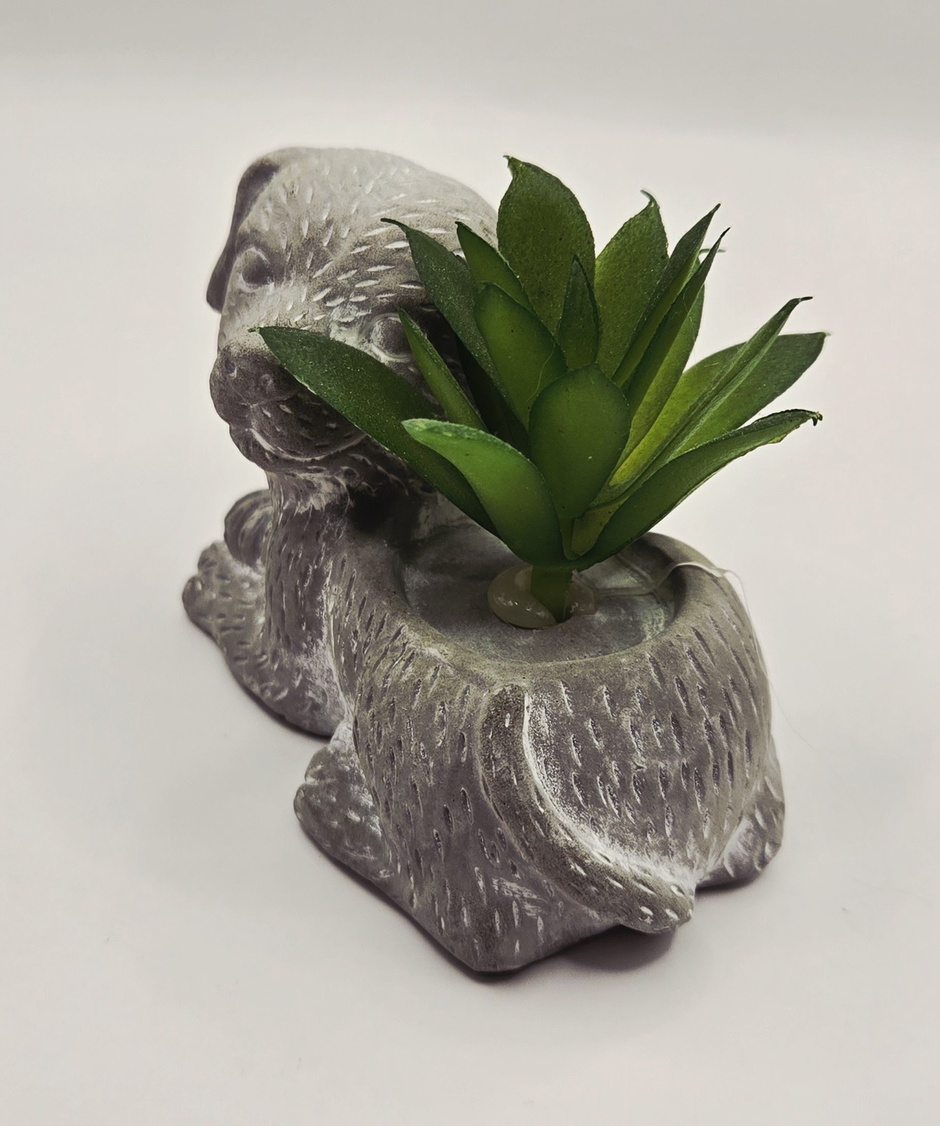 Cute Shaggy Puppy Dog Planter with Artificial Succulent Mini Decor Grey