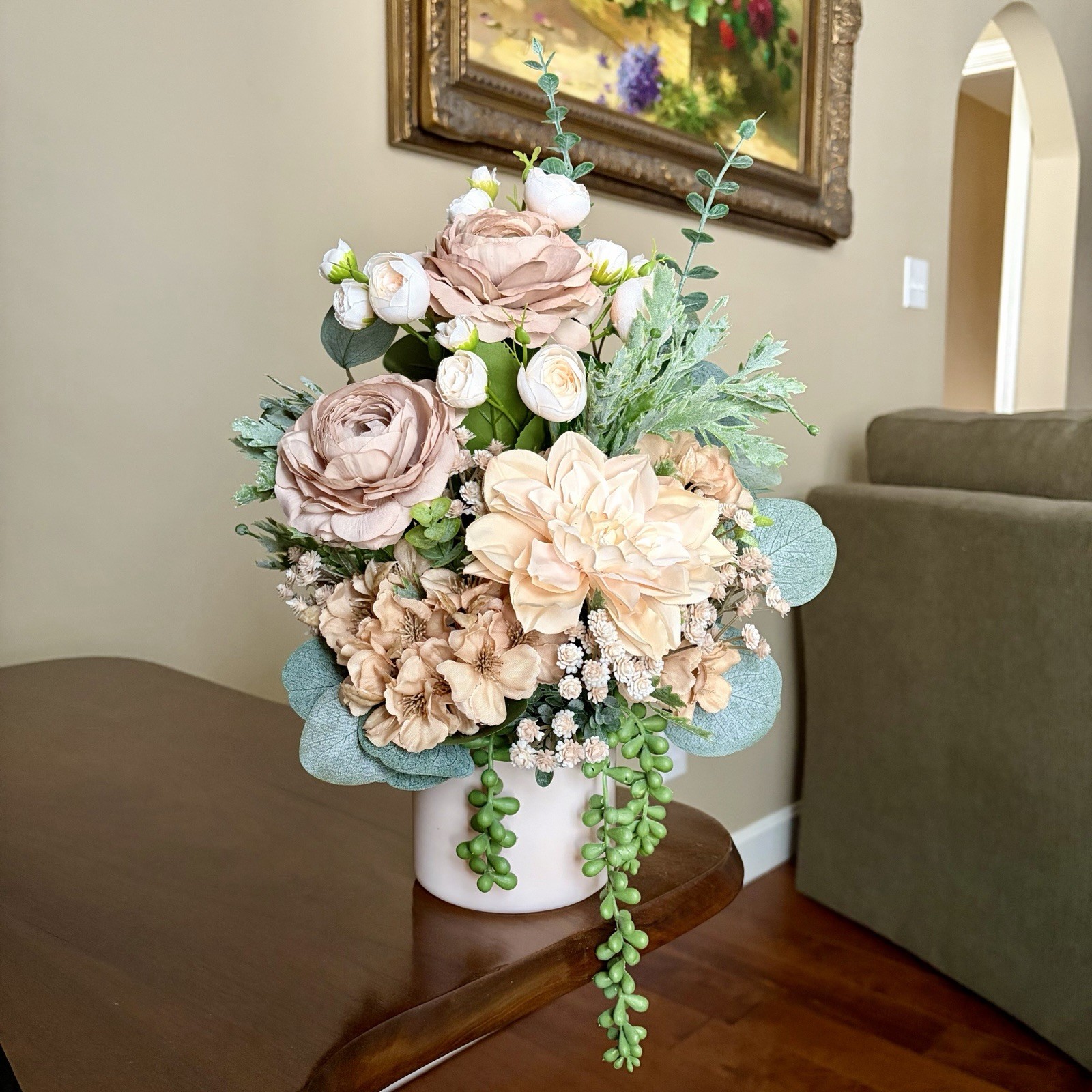 Handmade Flower Arrangement Beige+Greenery Centerpiece