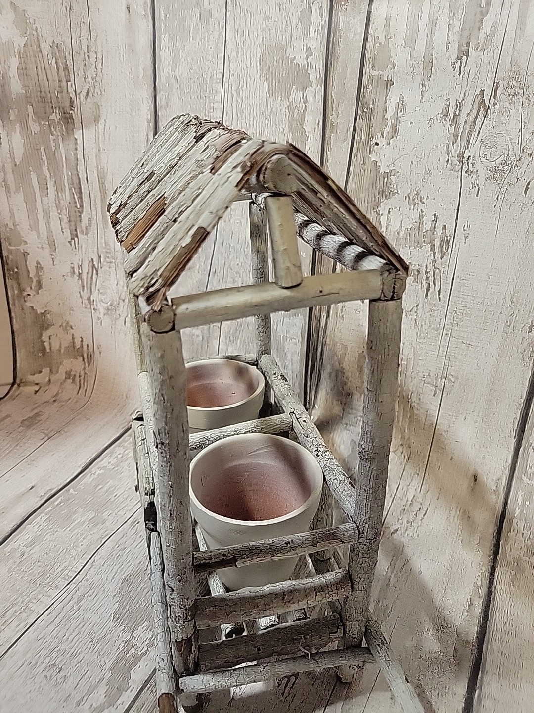 12″ Wood Twig Built Wheel Barrel Planter Flower Pot Decor Farmhouse Rustic