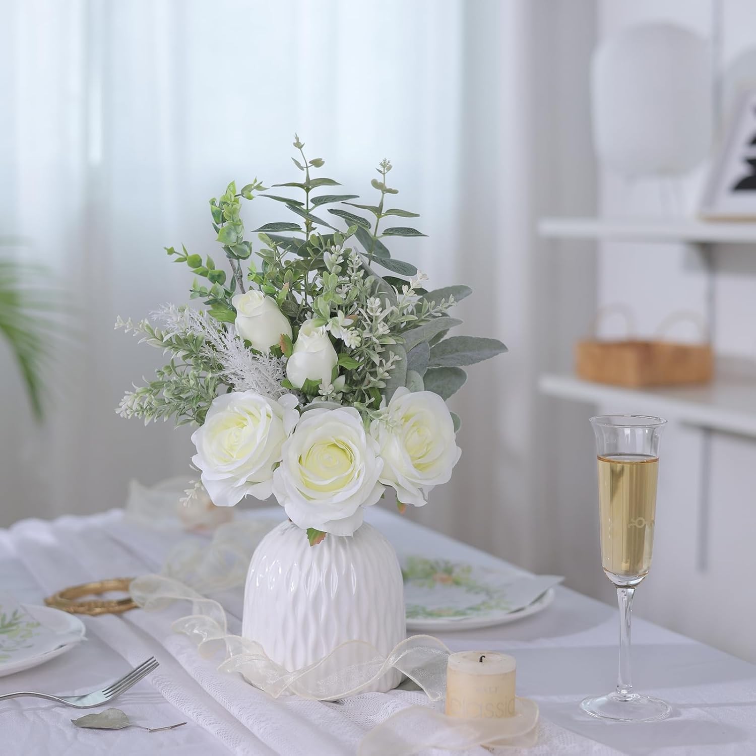 Artificial Flowers with Ceramic Vase,Faux Silk Roses and Fake Plant Eucalyptus