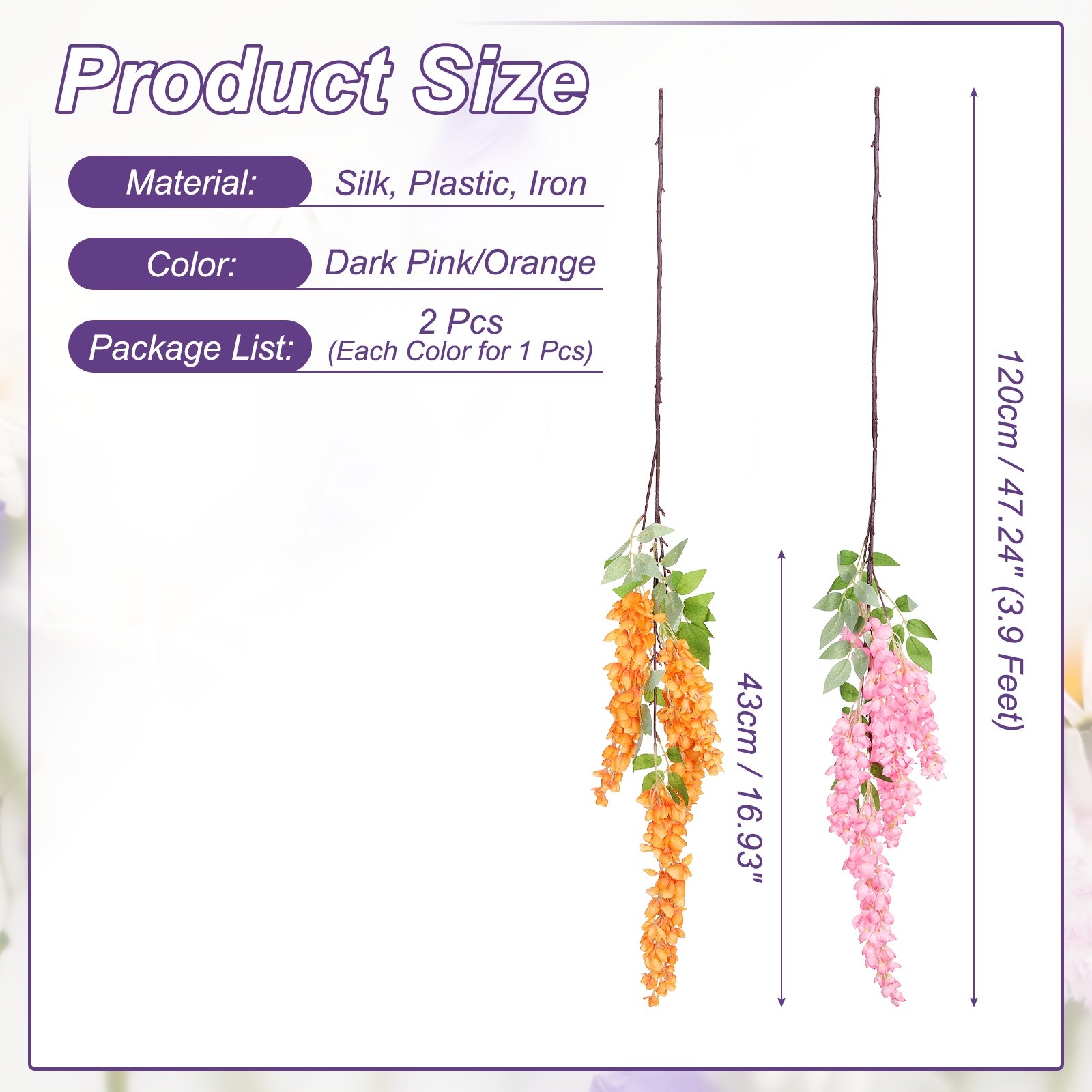 2Pcs Artificial Wisteria Hanging Flowers 3.9ft Fake Hang Floral Dark Pink/Orange