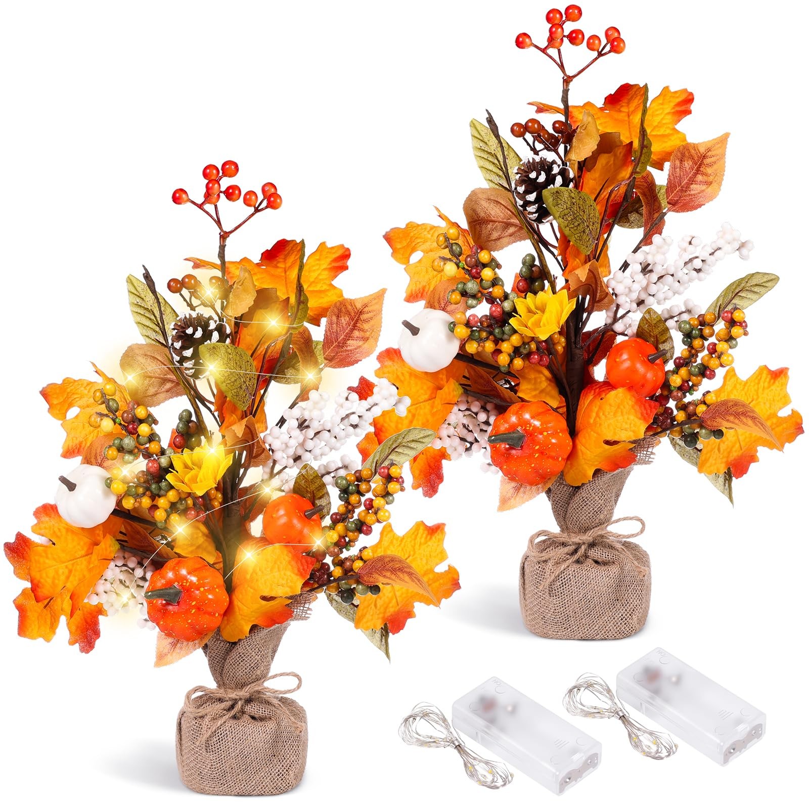 2 PCS Fall Maple Tabletop Tree Decor Pumpkins Pinecones LED Burlap Base Autumn