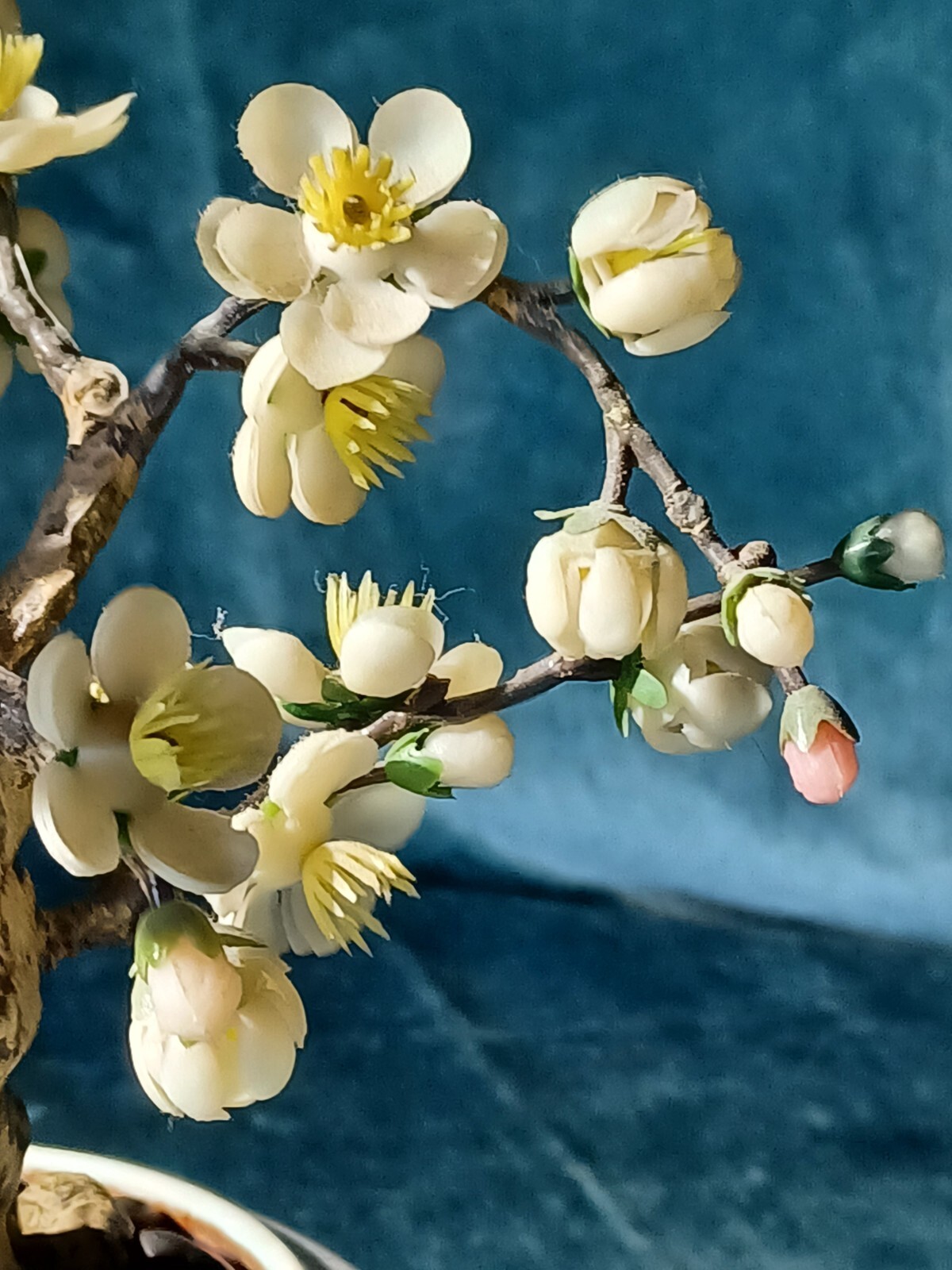 Bonsai Tree Vintage Retro 14″ Artificial Plum Blossom ceramic pot wood pedestal