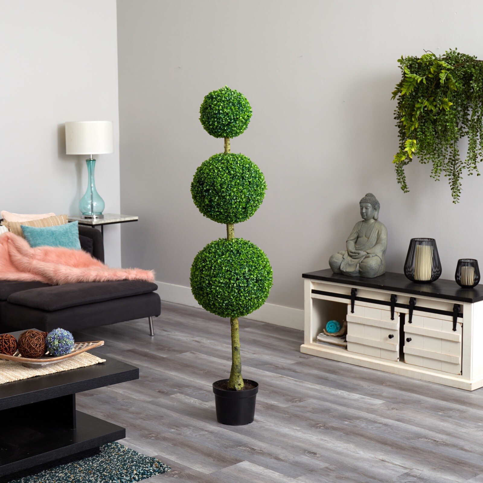5.5’ Artificial Boxwood Triple Ball Topiary Tree UV Indoor/Outdoor. Retail $345