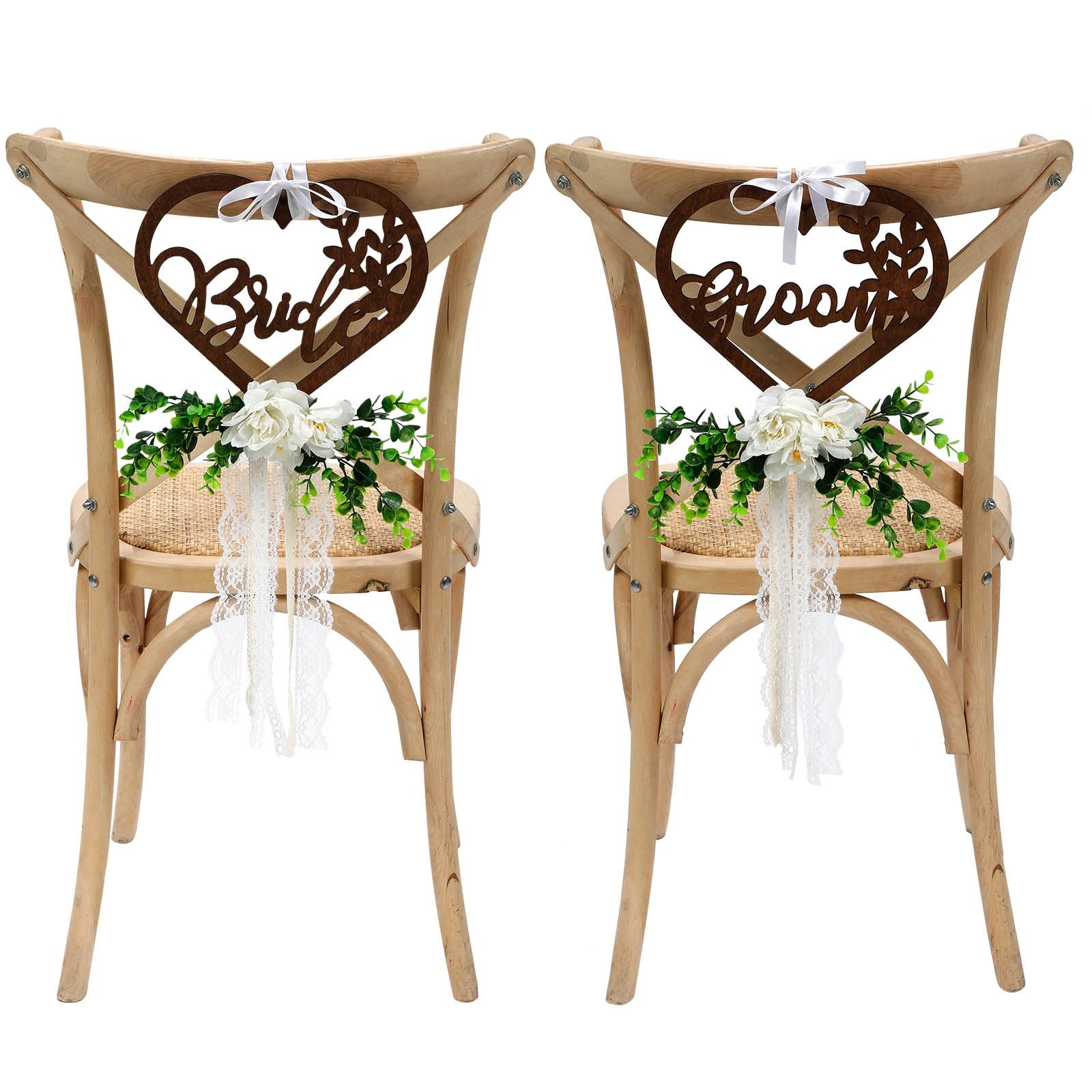 Bride and Groom Floral Chair Decorations Signs Wooden Rustic Mr Mrs Ribbons