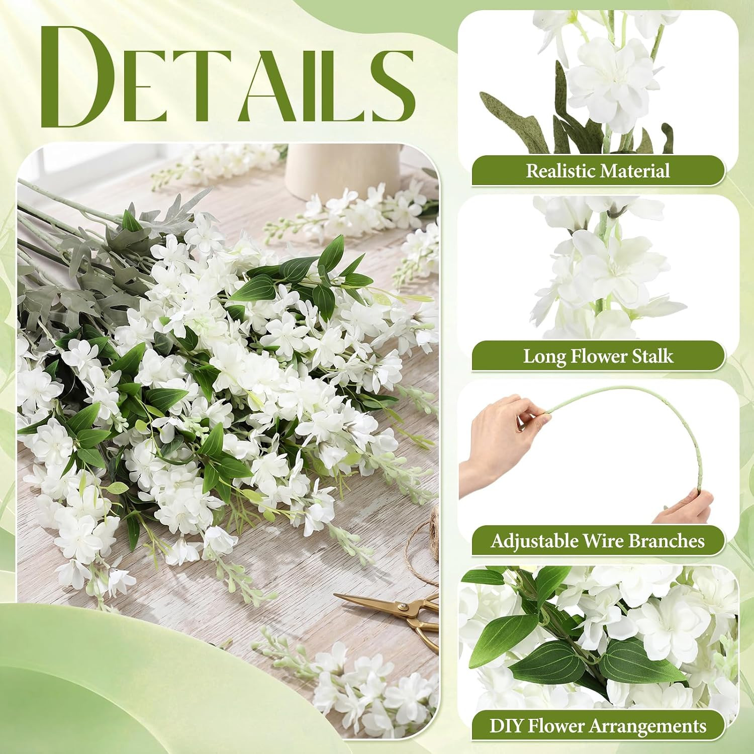 12 Pcs 33.5″ Tall White Delphinium & Clematis Silk Flowers for Home Decor