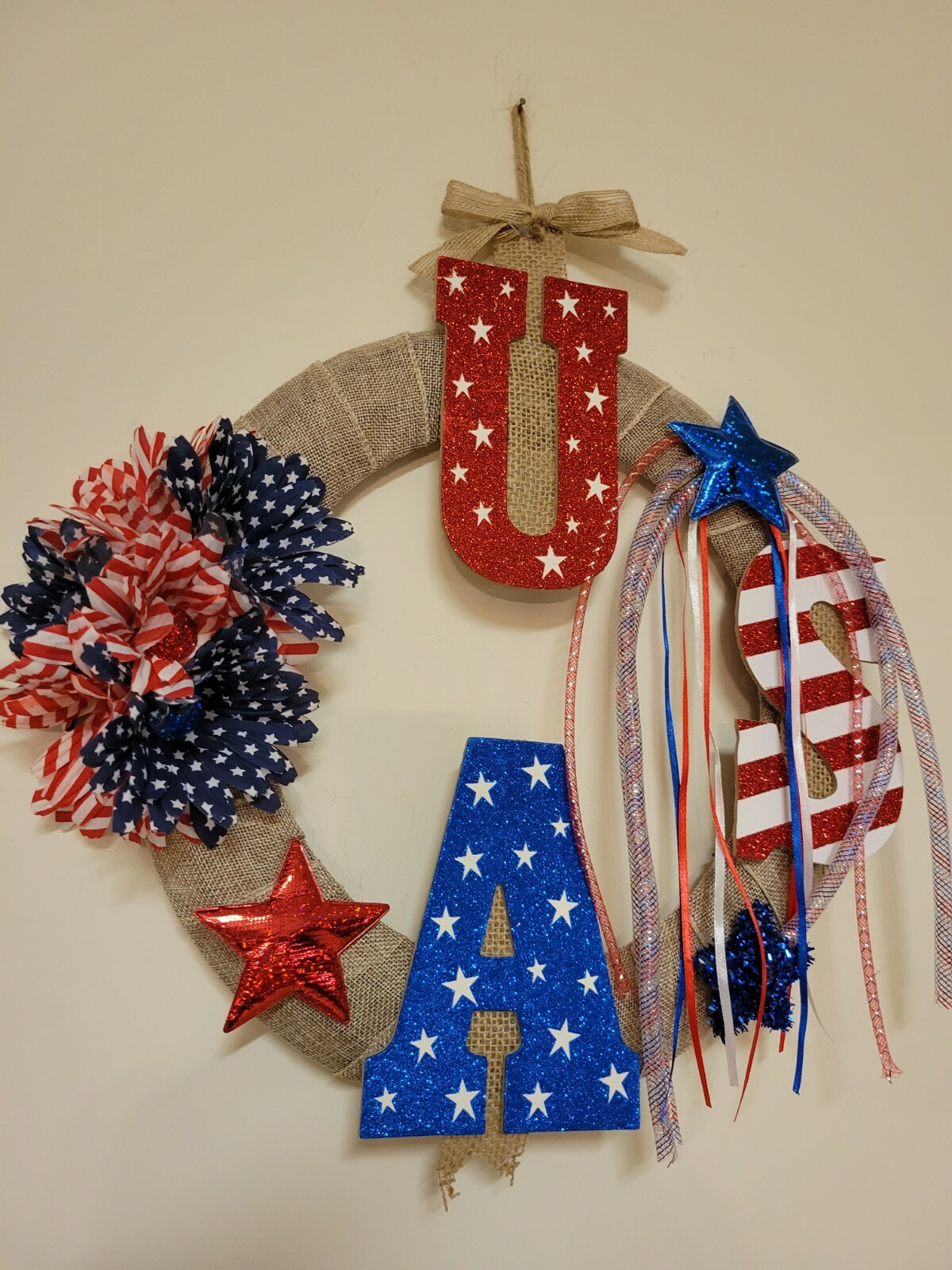 USA sparkling red white blue burlap Door WREATH patriotic 4th of July fireworks
