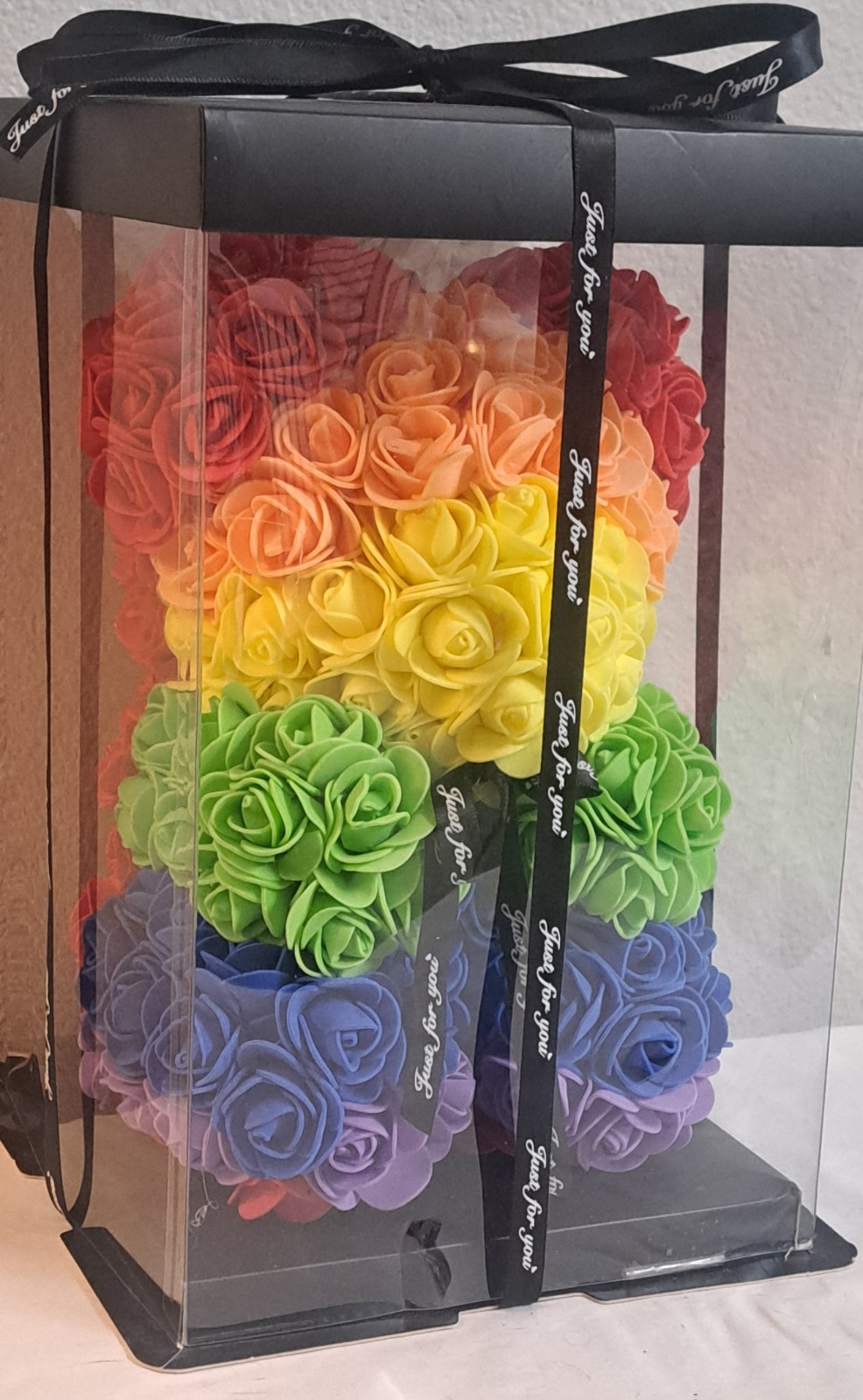 Rainbow Rose Teddy Bear Artificial Flower Bear Gift in Display Box