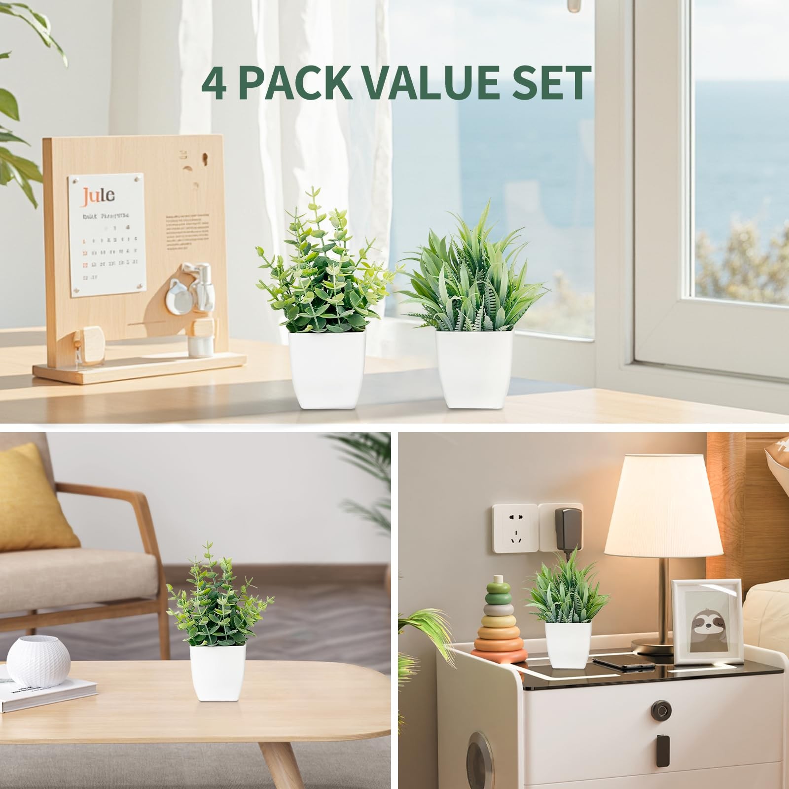 2 Pack 7.5 Inch Small Artificial Potted Fake Eucalyptus Indoor Plants Sage