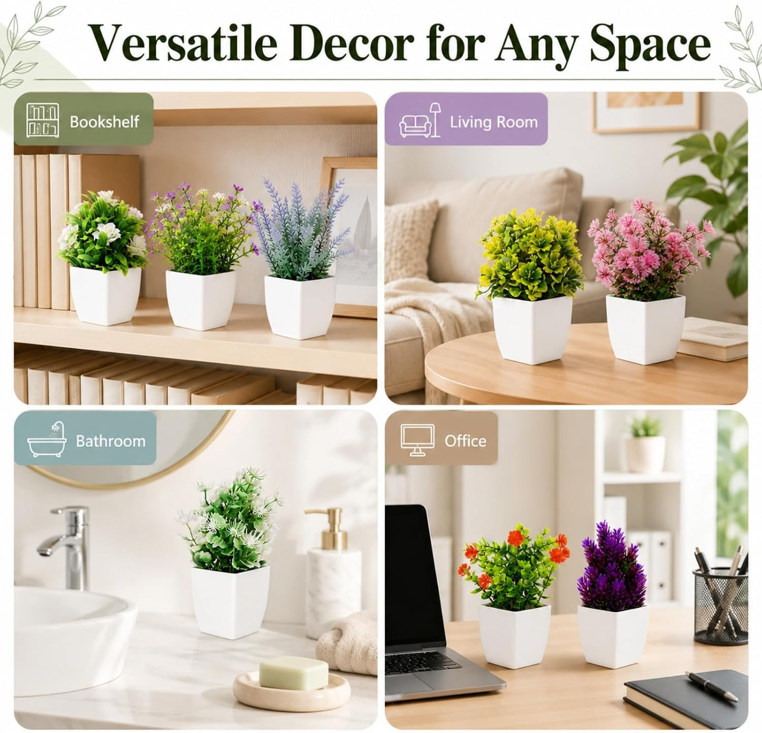 12 Pack Mini Fake Plants in White Pots for Home & Office Decor
