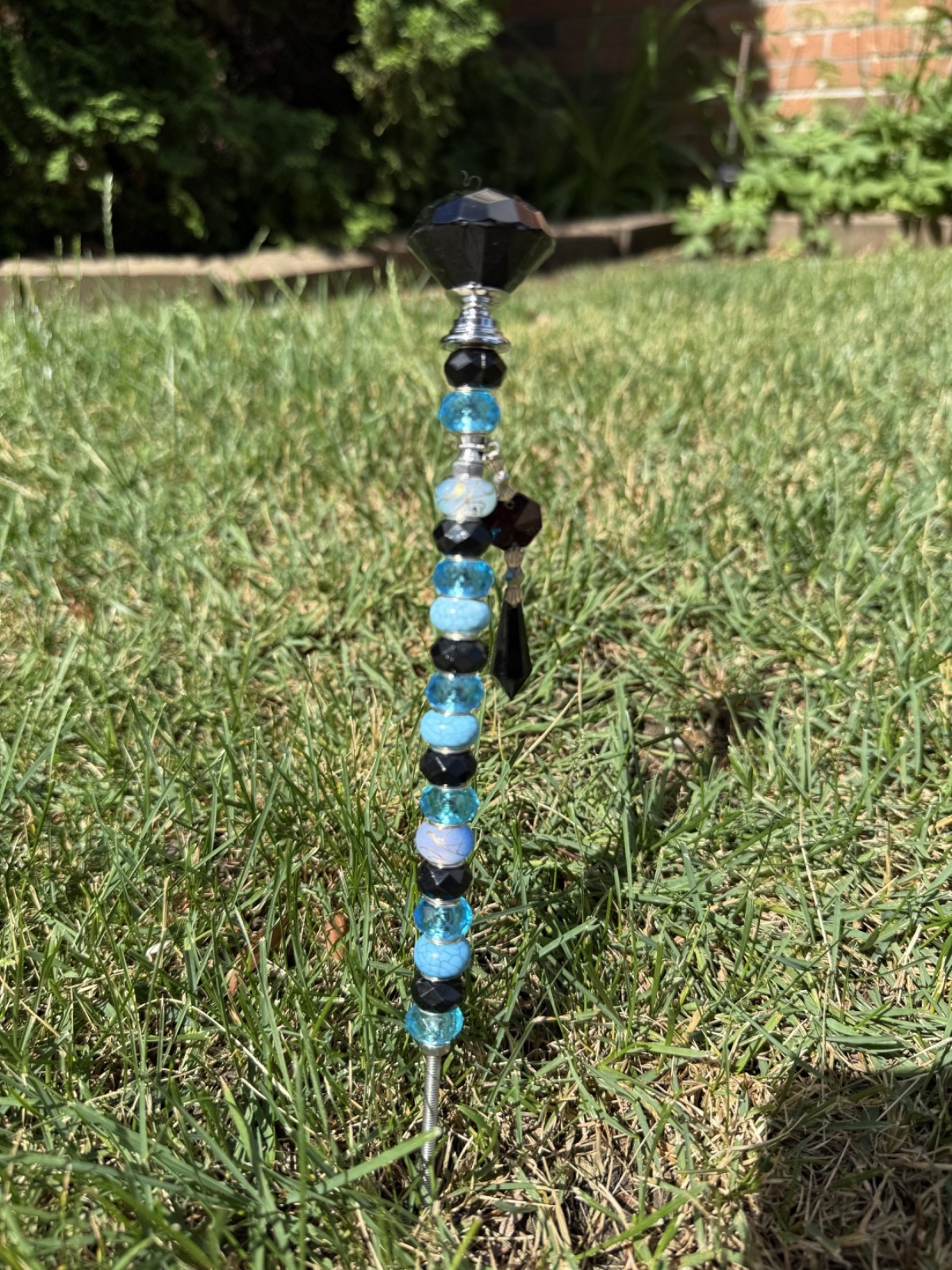 Glass Beaded Garden Stake Black Top with Black & Blue Beads, Black Charm, 12 in