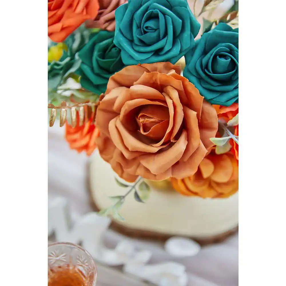 5 In. H Burnt Orange and Teal Artificial Silk Mixed Flowers for Wedding Party Ho