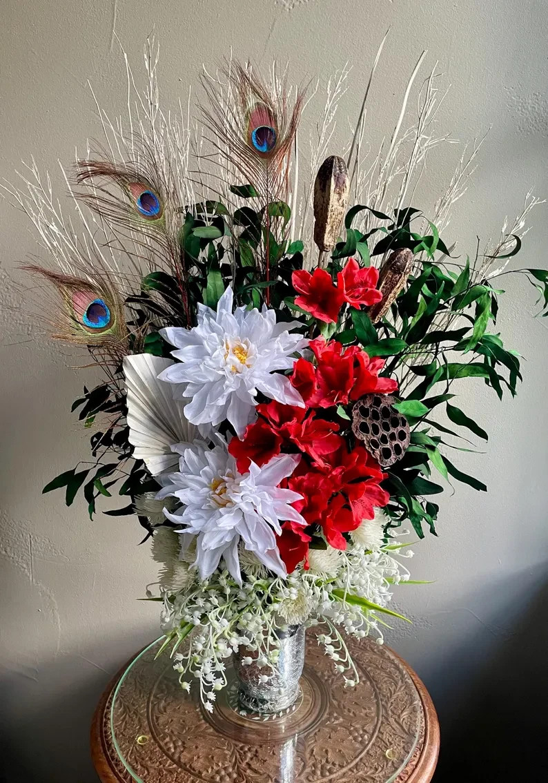 Earthy Red & White Floral Arrangement: Peacock Home Decor, Table Centerpiece