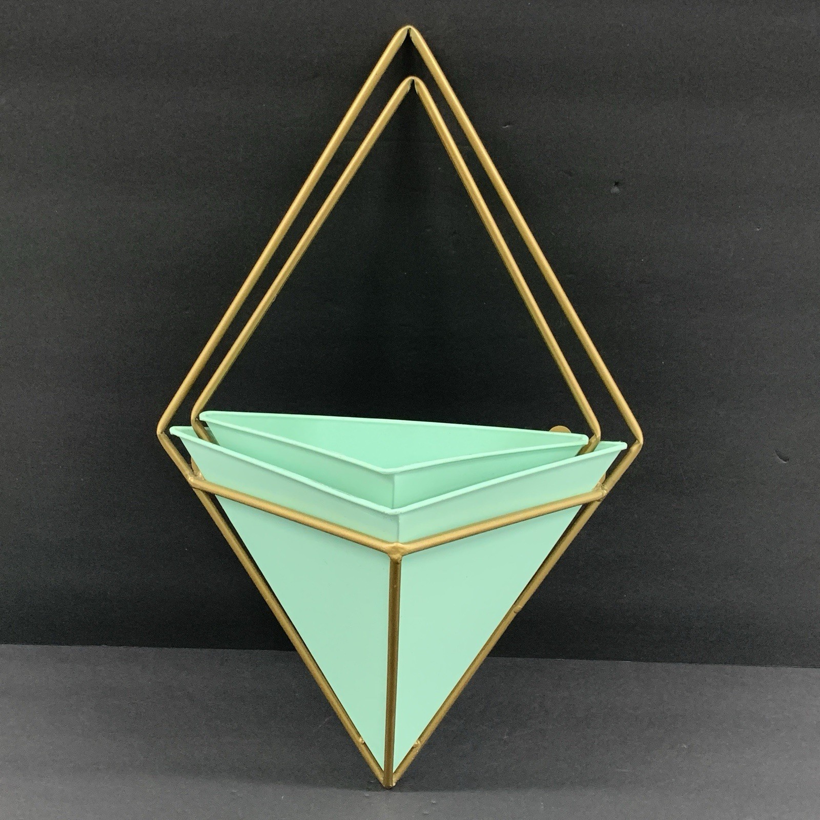Hanging Wall Planter Geometric Decor Metal Container mint green brass Tone Set