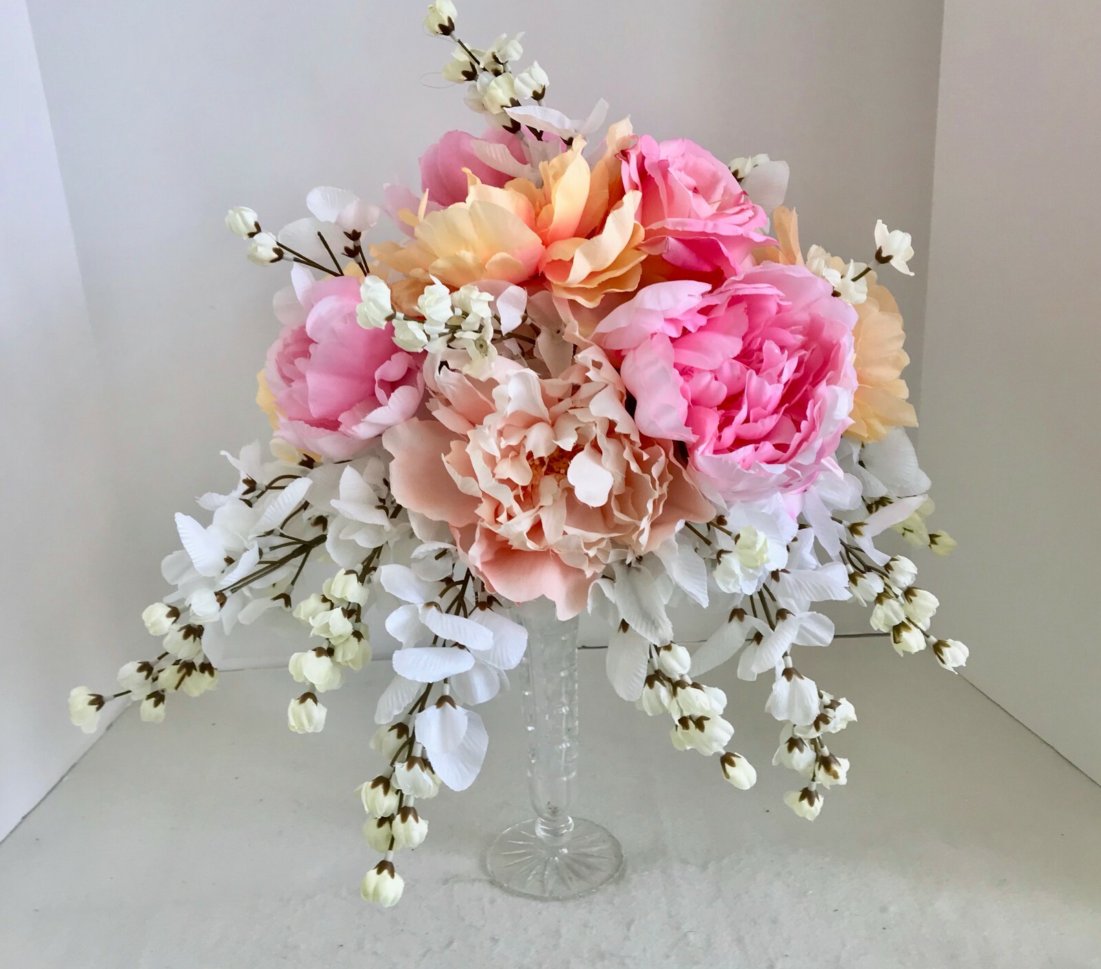 Floral Arrangement Centerpiece Multi-Colored Silk Flowers Cut Glass Vase