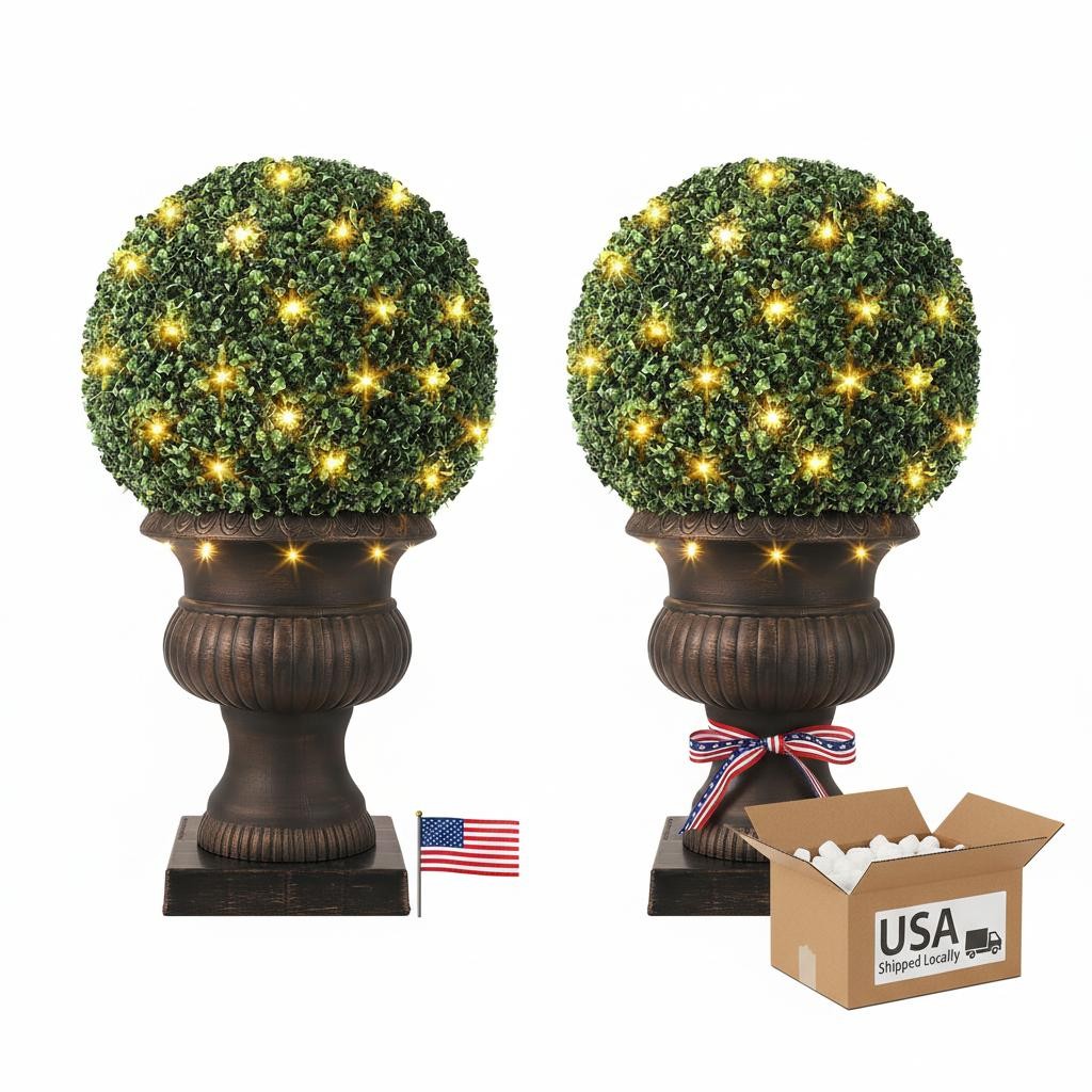 2-Pack 20” Pre-Lit Topiary Balls with Durable Pot Base,Boxwood Ball with 50 LED