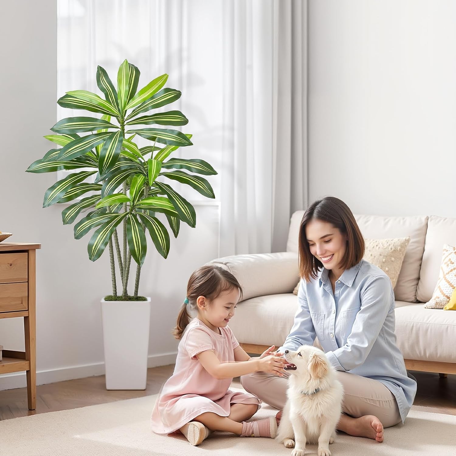 Artificial Dracaena Tree 5 Ft, Fake Palm Tropical Plants with White Tall Planter