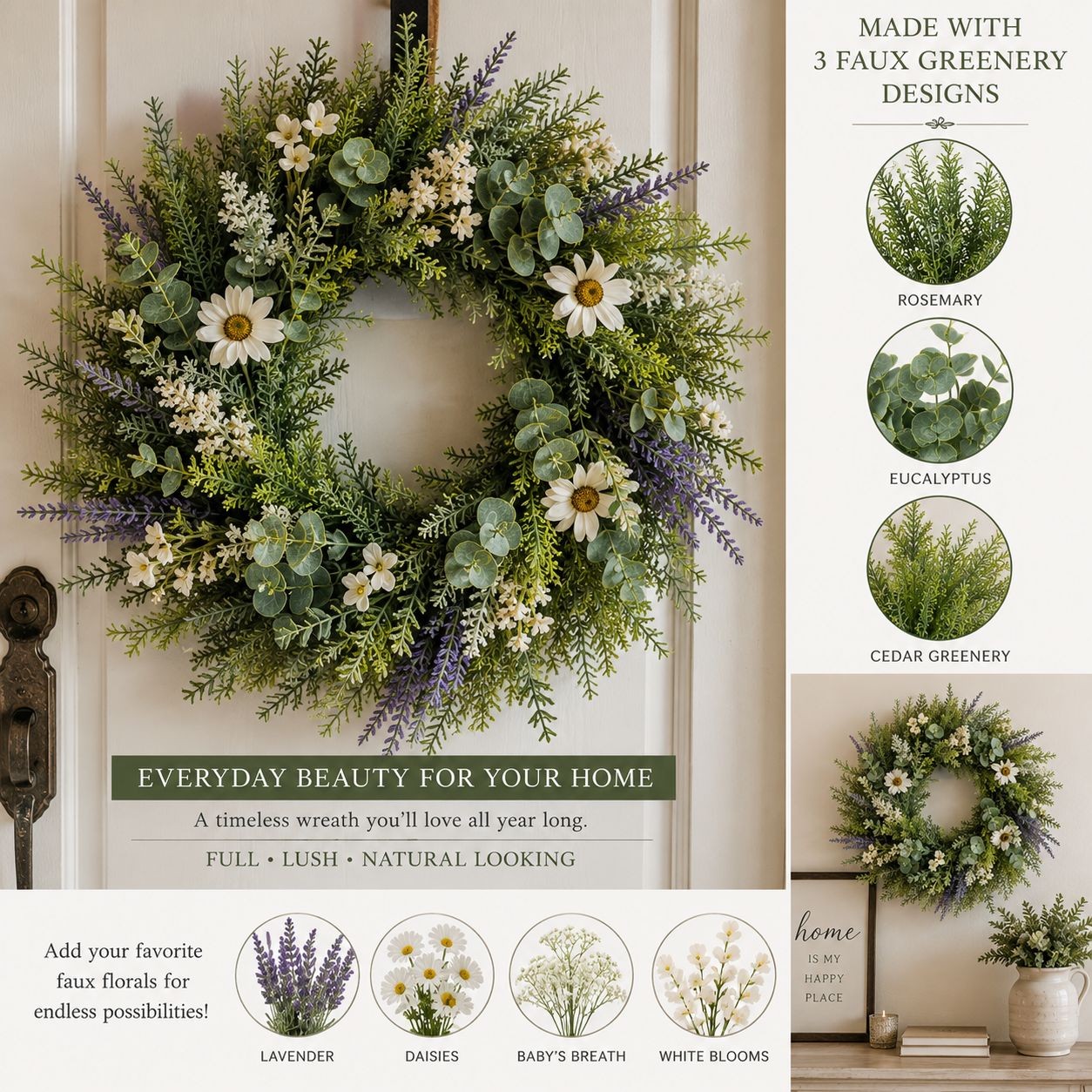 Set of 3 Faux Greenery Bushes Artificial Eucalyptus Rosemary Cedar Greenery Wedd