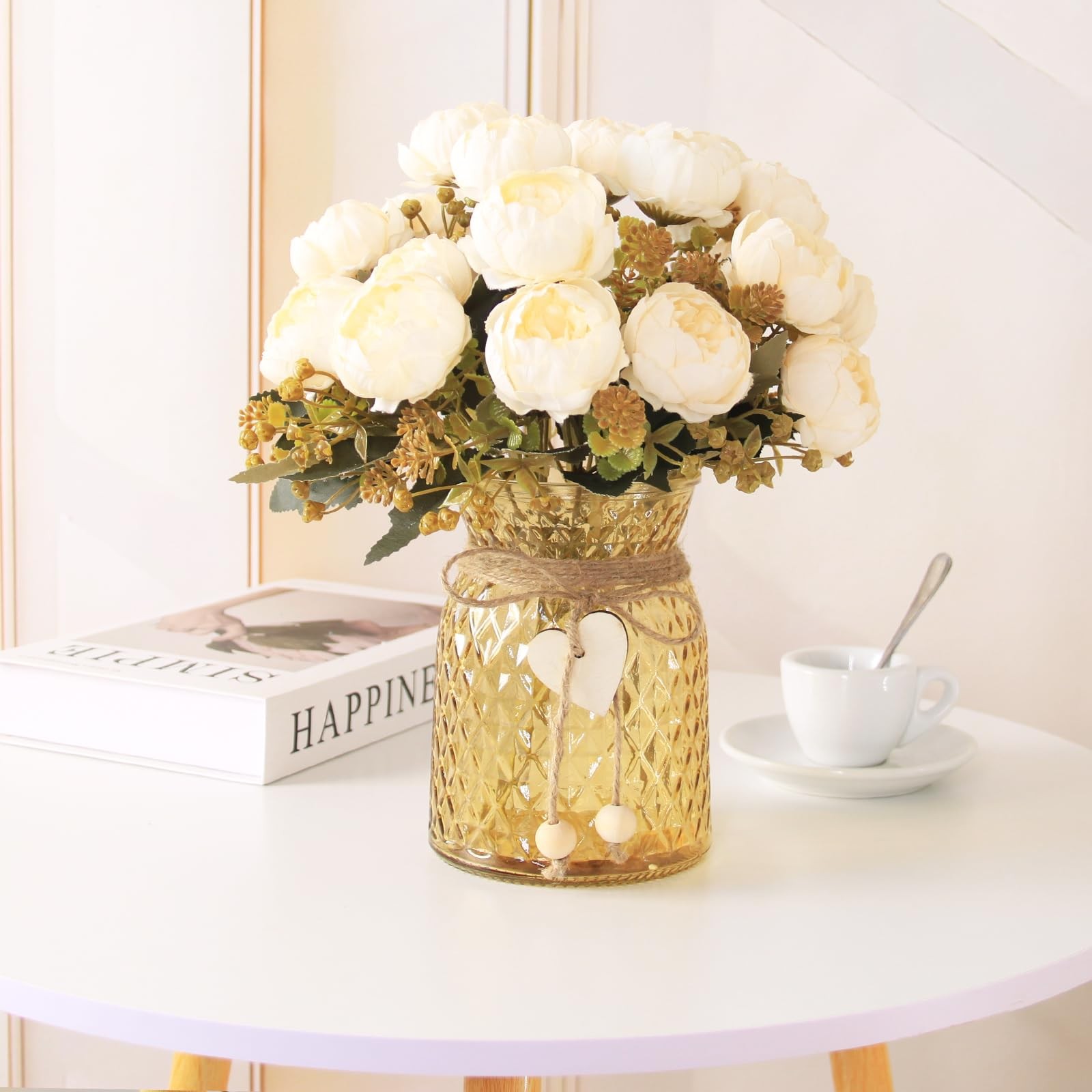 21 PCS White Faux Peony Artificial Flowers In Vase Home Decor Centerpiece