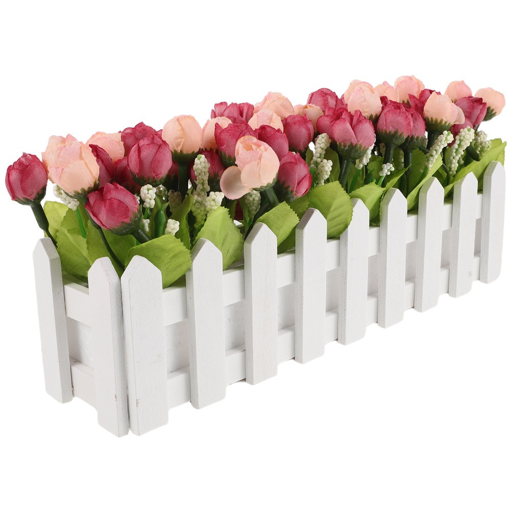 Simulation Flower Bonsai with Fence Rosy Artificial Flower for Home Office Desk