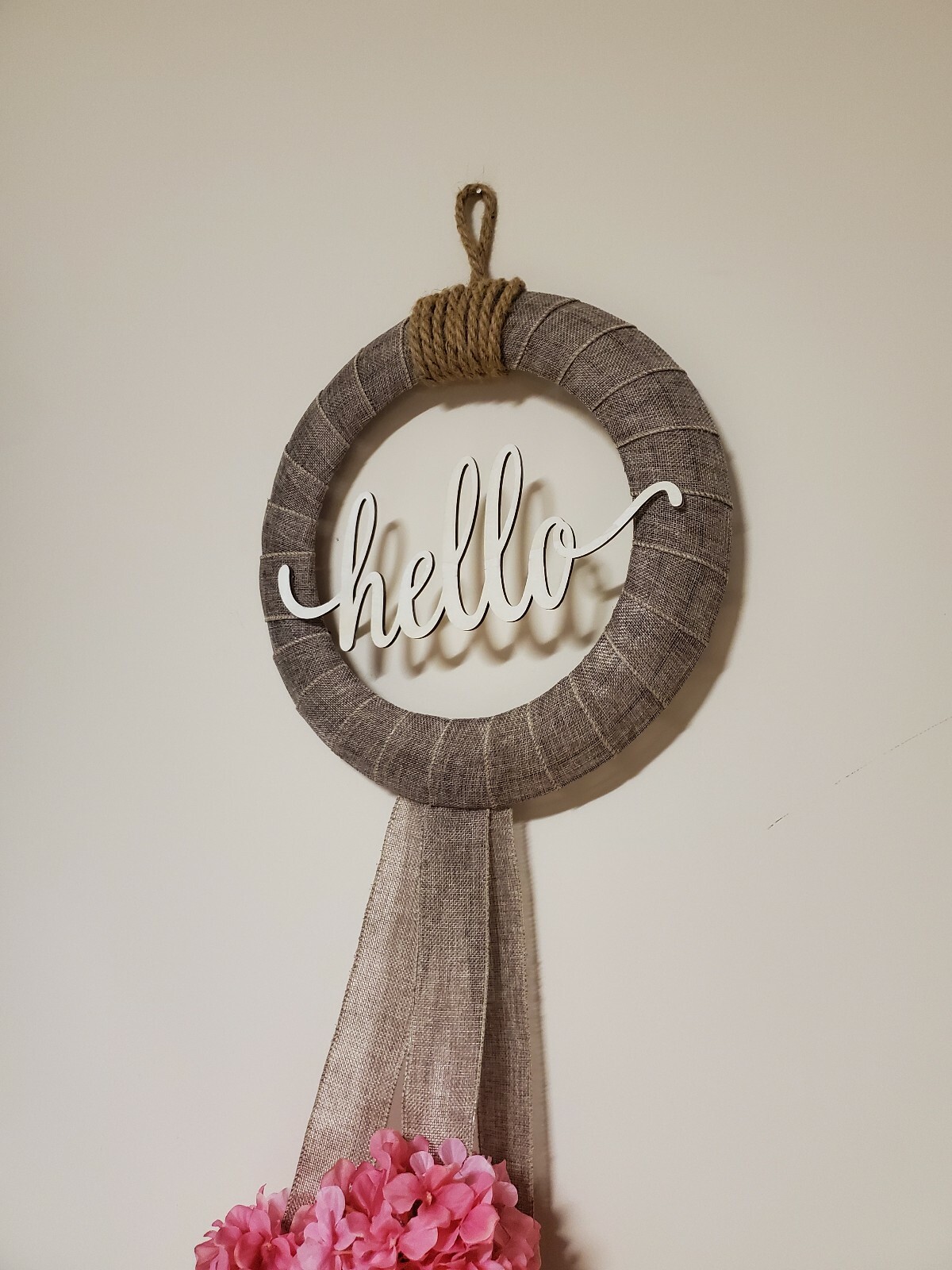 HELLO wreath FLOWER Pink Hydrangeas burlap Decor Front Door Nautical Rope hook