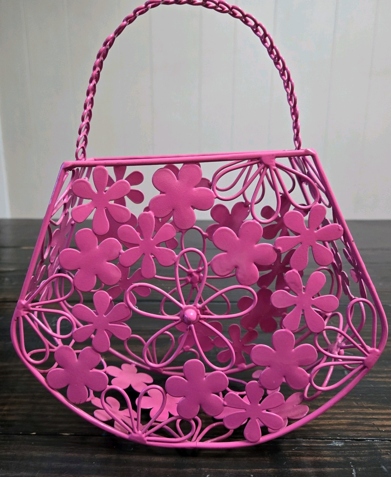 Pink Metal Floral Purse-Basket With Handle-Pink Flowers