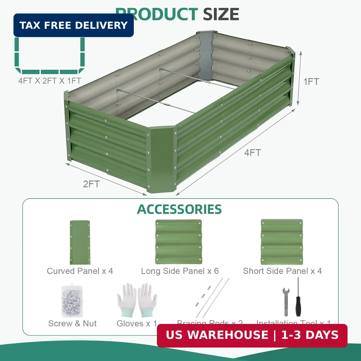 Galvanized Steel Raised Garden Bed, 4x2x1ft, Green | Metal Garden Planter Box Ou