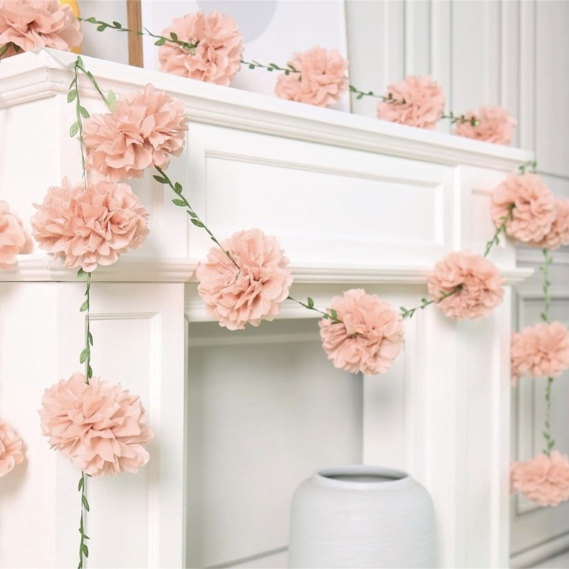 2Pcs 8.2feet Long Paper Flower Ball Garland With Realistic Leaf For Wedding