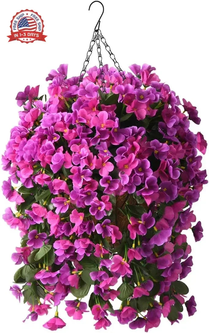 Artificial Begonia Silk Flowers Hanging Basket Set 4 Pcs UV Resistant for Patio