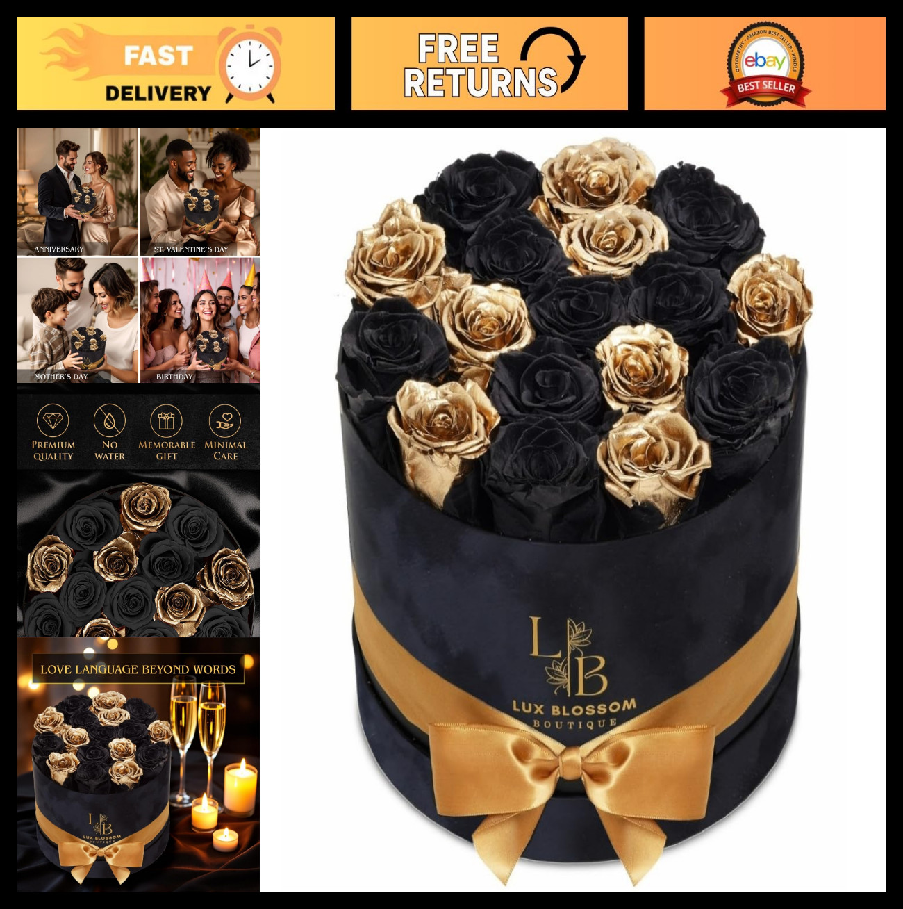 17 Black & Gold Forever Roses in Velvet Box – Luxury Preserved Graduation Gifts,