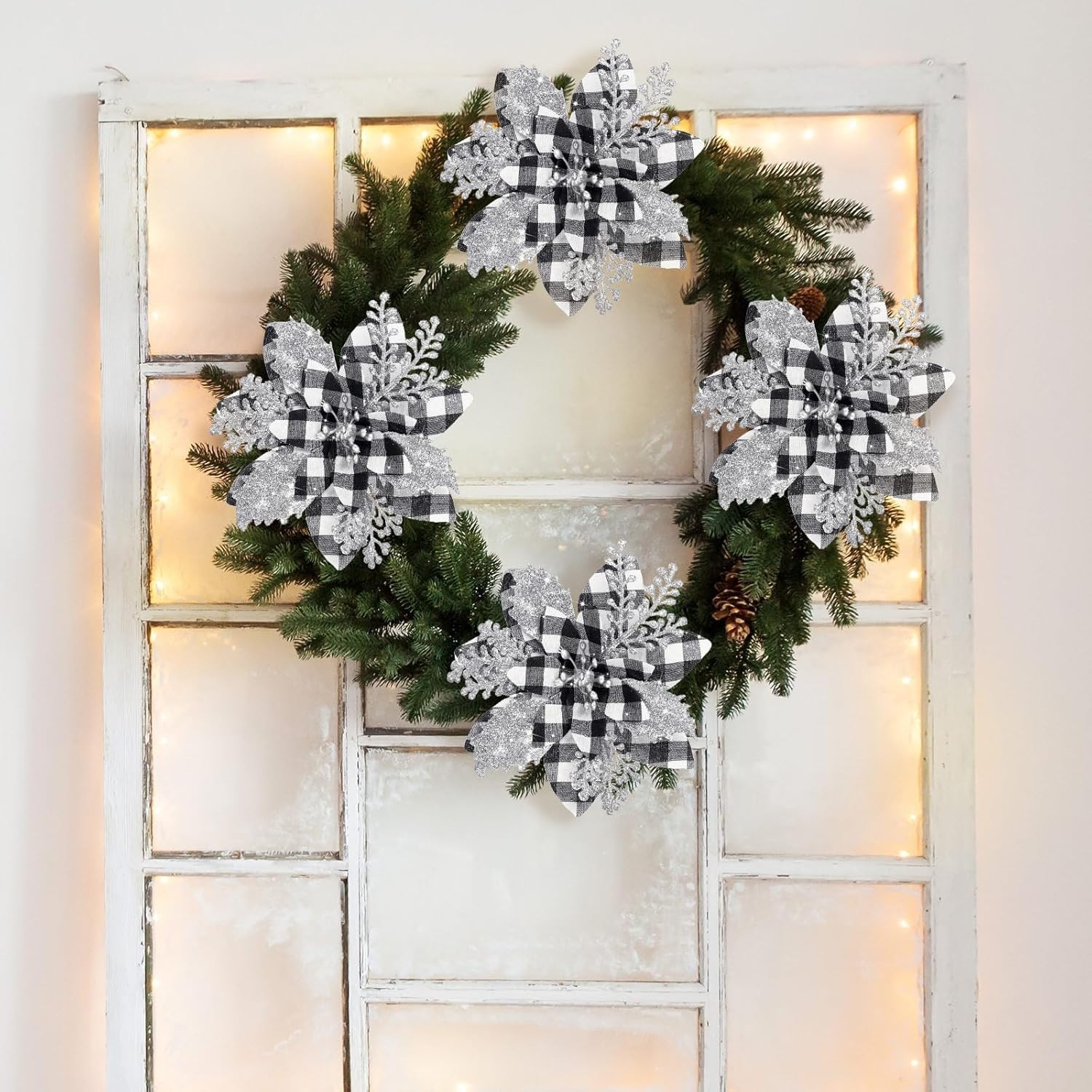 Chic Black & White Buffalo Glitter Poinsettias – 12 Decorative Clips Included