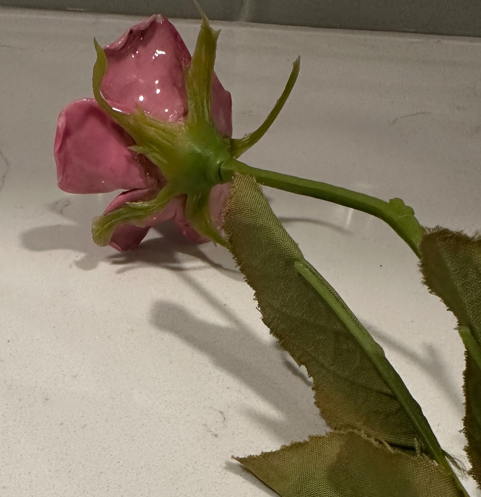 Vtg Porcelain Flower Pink Rose Long Stemmed Plastic Stem Leaves Bone China 12in