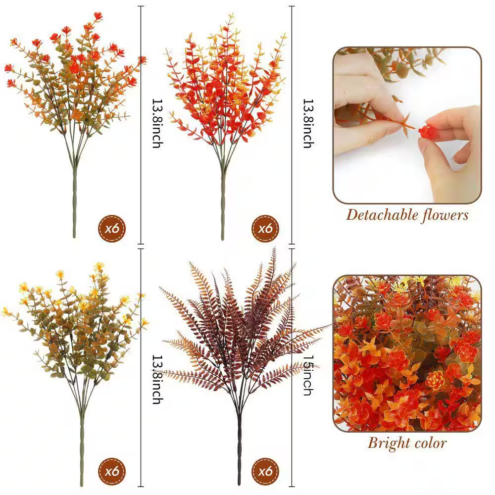 0.10 in In. H Multicolor Artificial Fall Flowers Fern Plants Set of 24-Bundles f