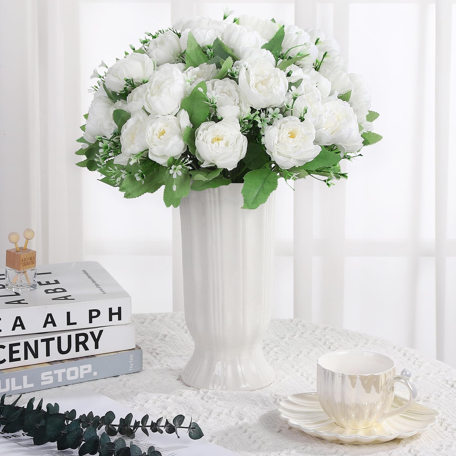 Ovveroche 8 Pack White Peonies Artificial Flowers, Fake Silk Hydrangea Bouque…